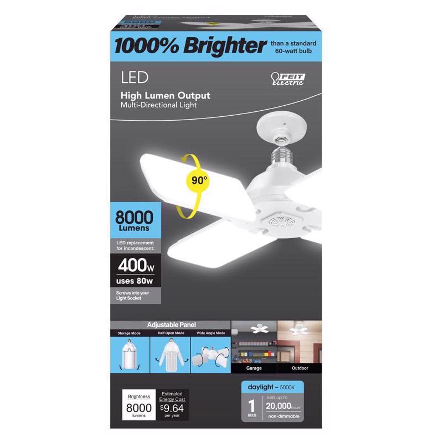 Feit Electric EJD3008686 Folding Panel E26 Medium LED Garage Bulb Daylight 400 Watt Equivalence 1 pk