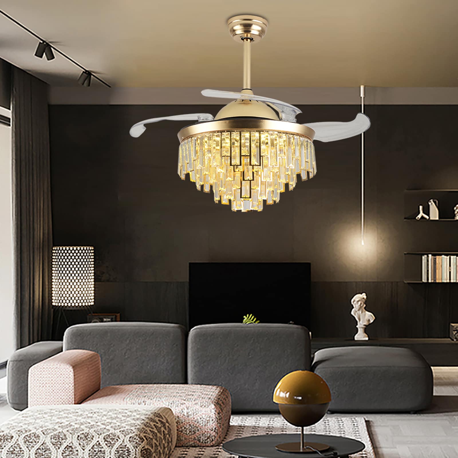 42" Gold Crystal Retractable Bladeless LED Chandelier Fan