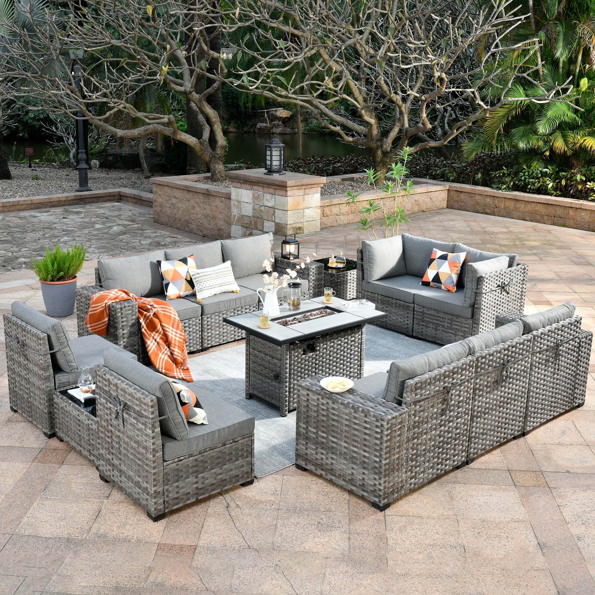 Ovios 13-Piece Wicker Patio Conversation Set with Gray Cushions in the ...