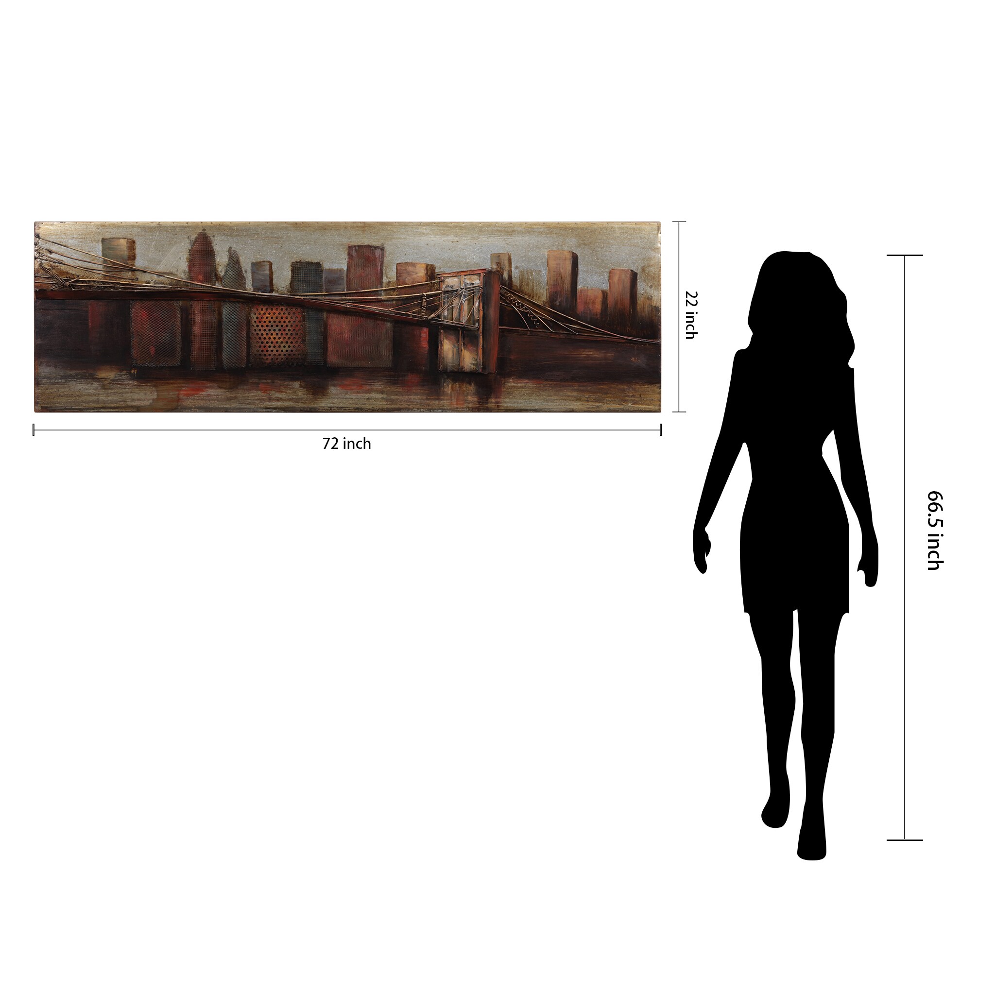 Hand Painted Iron Cityscape Wall Art Sculpture, 72" x 22"