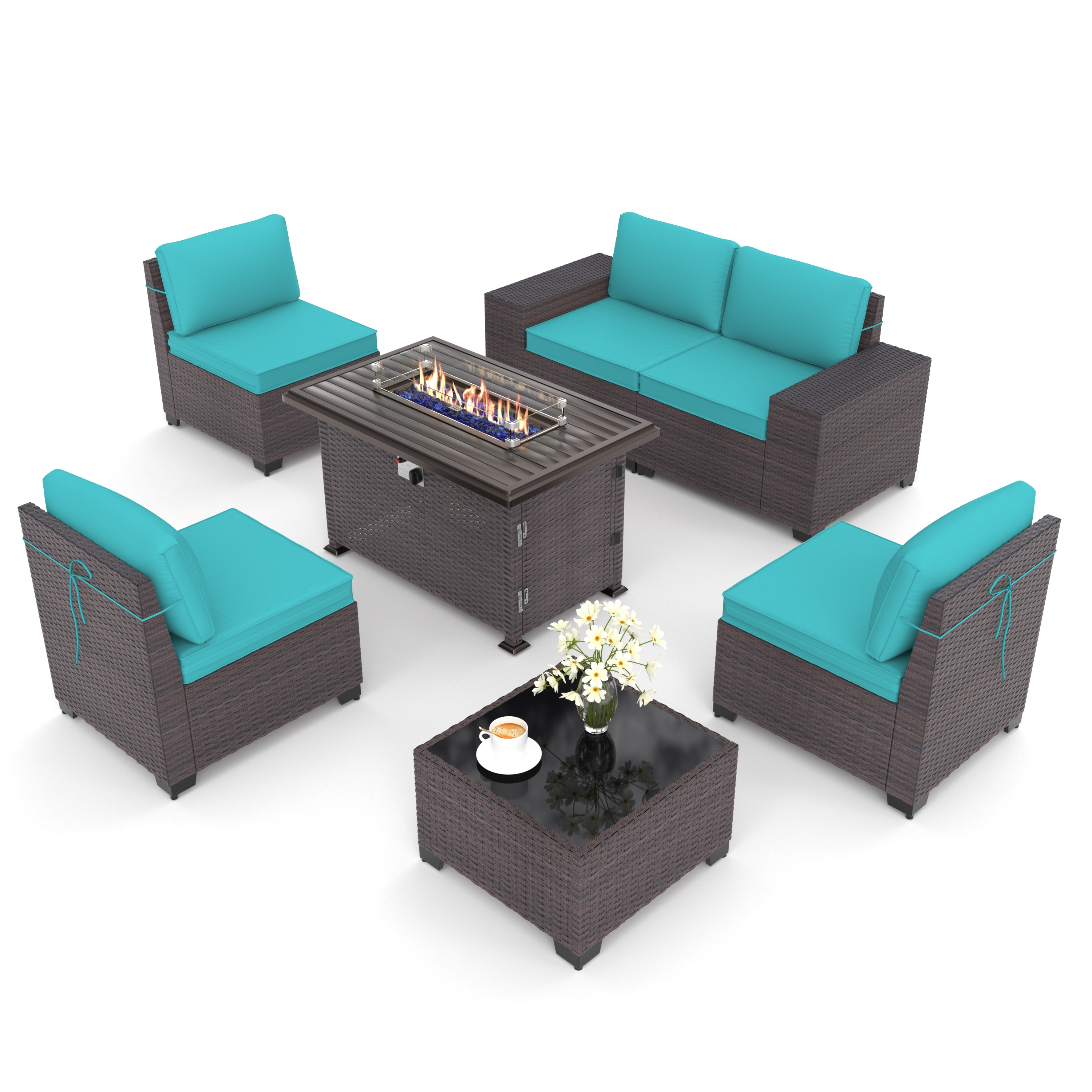 ALAULM LS-6PCS+FP-BLUE 7 -Piece Wicker Patio Sofa Conversation Set with Blue Cushions