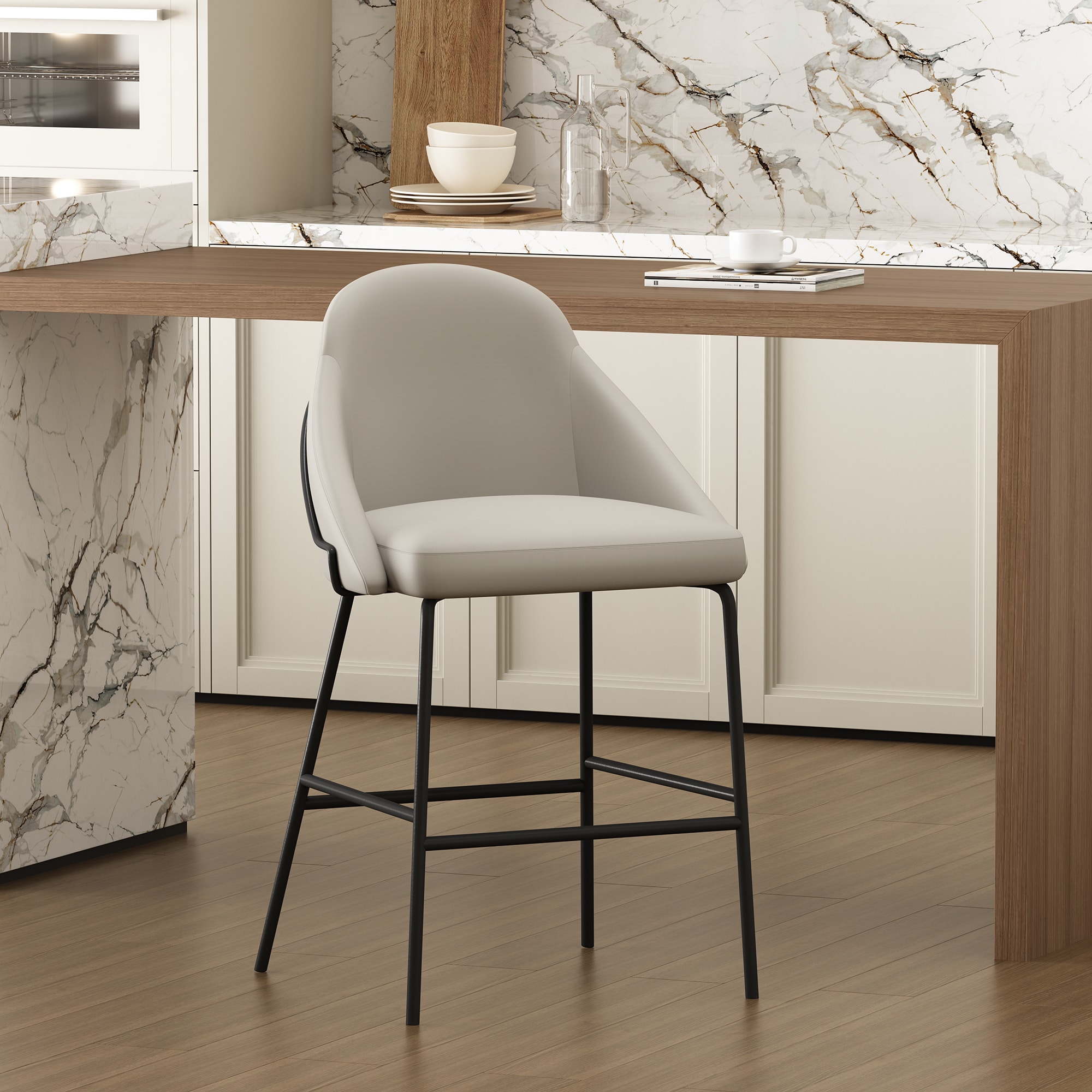Manhattan Comfort CS019-BST Gracie Stone and Black 26-in H Counter height Square seat Upholstered Metal Bar Stool and Back
