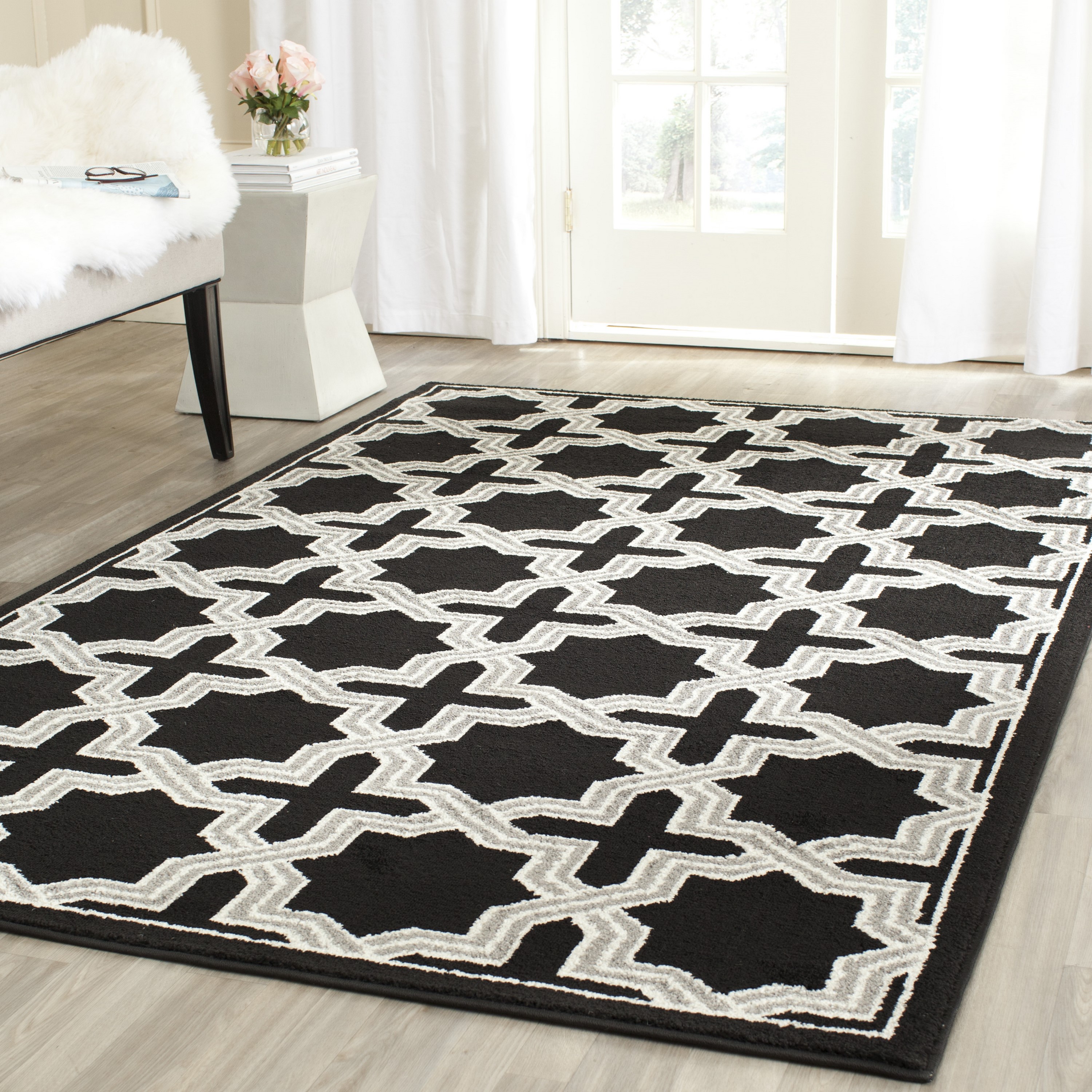 Anthracite and Gray Geometric Cotton Synthetic Rug