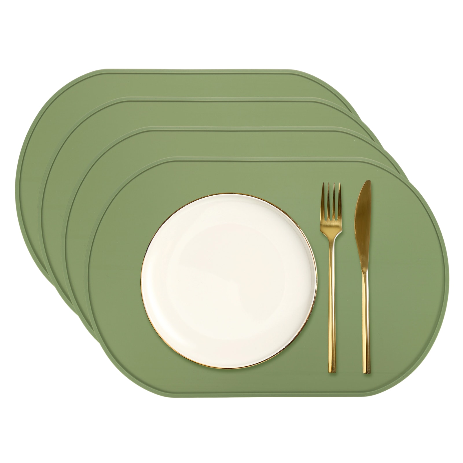 Unique Bargains 4pcs Oval Silicone Placemat 15.4 x 10.4inch Non-Slip Washable Table Placemats Heat Resistant Waterproof Mat with High Edge for Table Kitchen Desk Protection Green