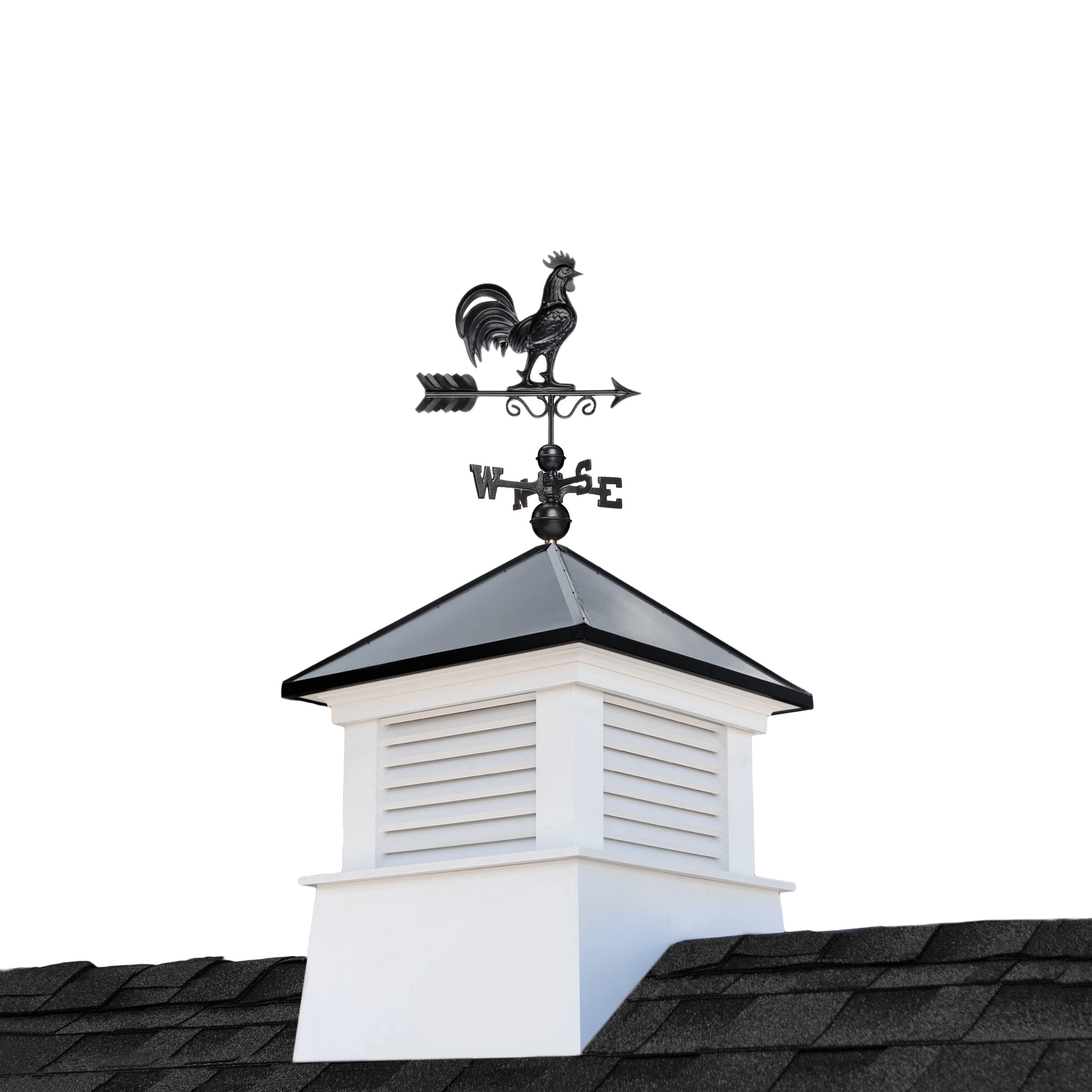 Good Directions Manchester Cupola with Black Rooster Weathervane 30-in x 67-in White Vinyl Cupola with Black aluminum Roof #2130MVBLK-1975K