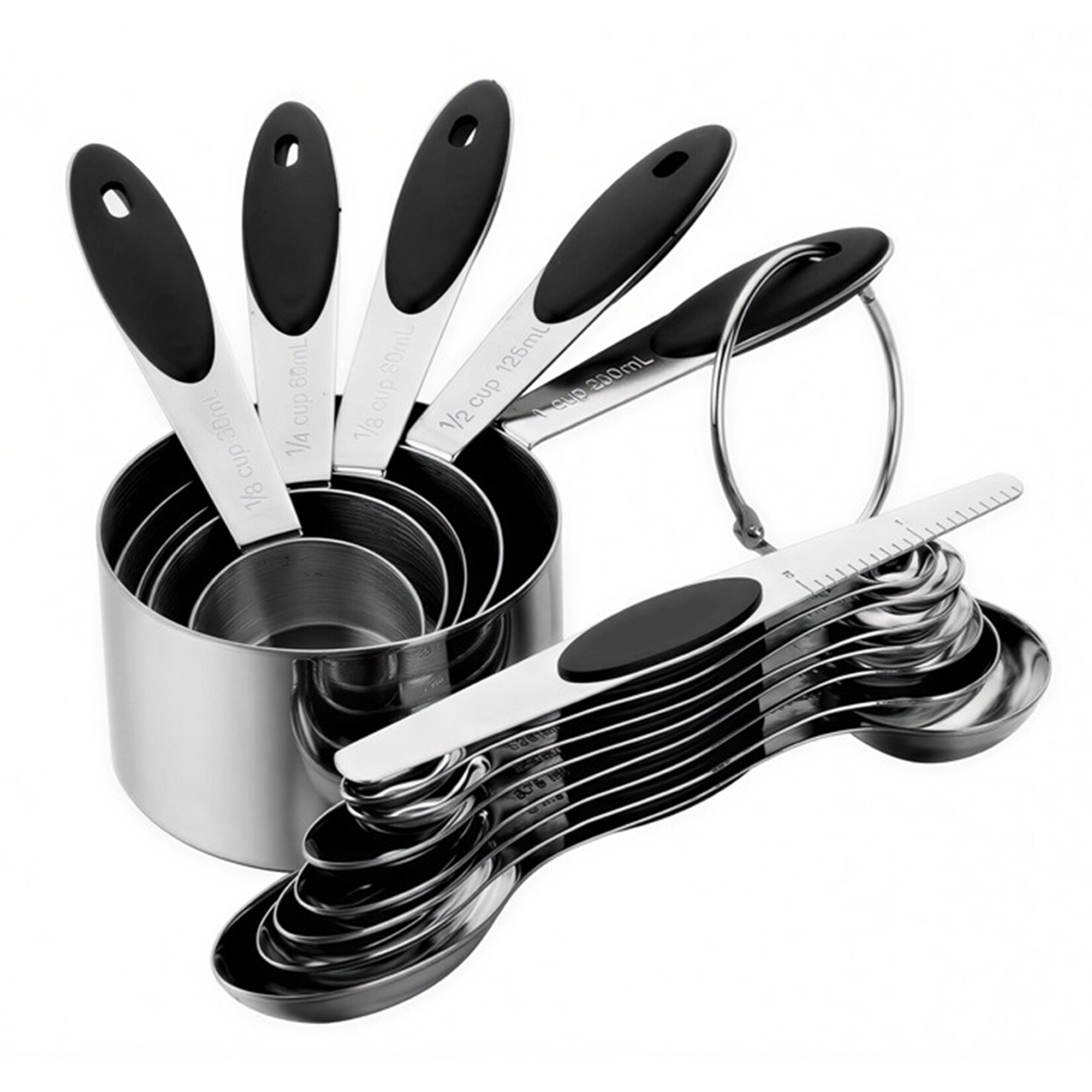 IdealHouse 13 Piece Measuring Cups and Spoons Set 304 Stainless Steel Black Non Slip Handles Nestable Kitchen Tools Dishwasher Safe Perfect for Cooking Baking and Seasoning