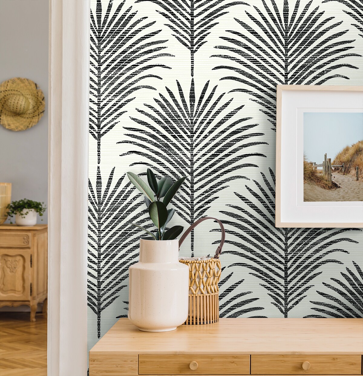 Inkwell & Off-White Vinyl Palm Leaf Peel and Stick Wallpaper
