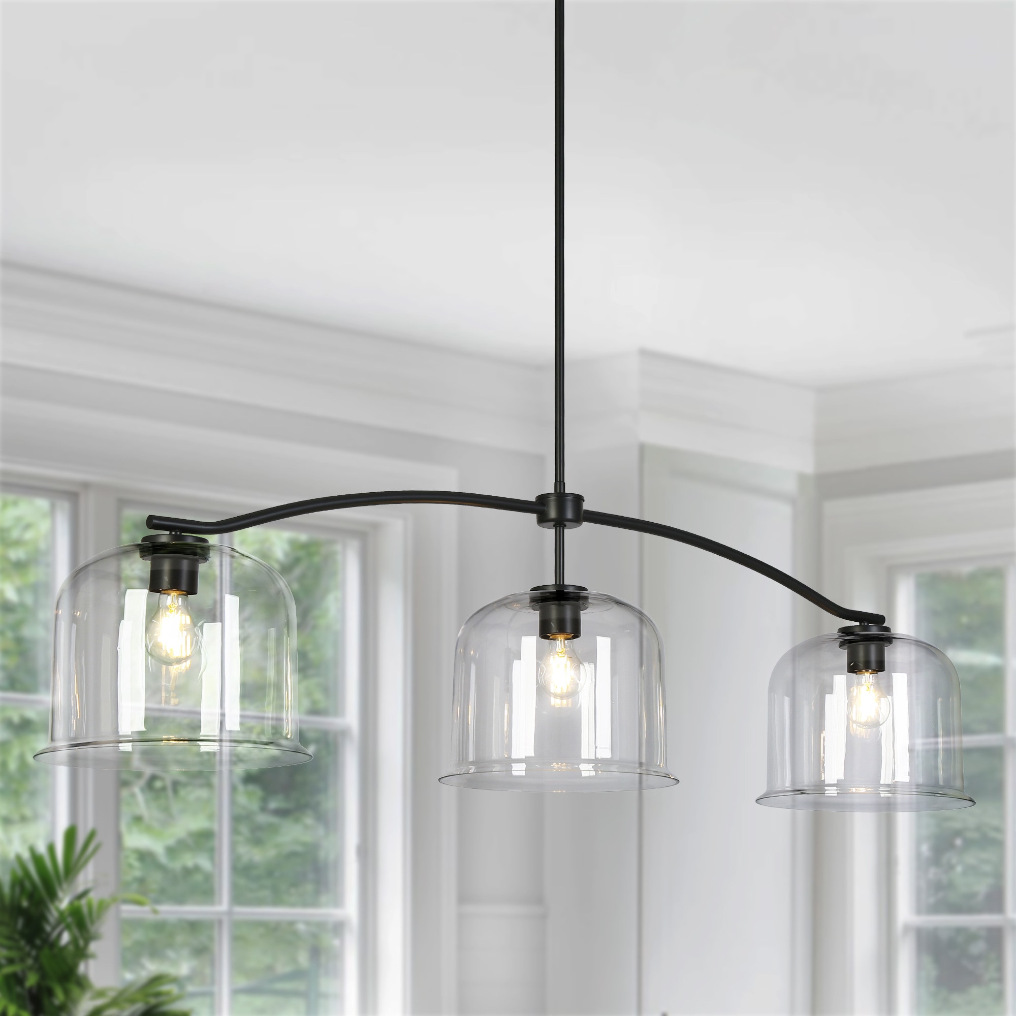 LNC LVR36VI5401U9C Morrisave 3 -Light 55.9-in Matte Black with Clear Glass Farmhouse Clear glass Bell Large Hanging Pendant light