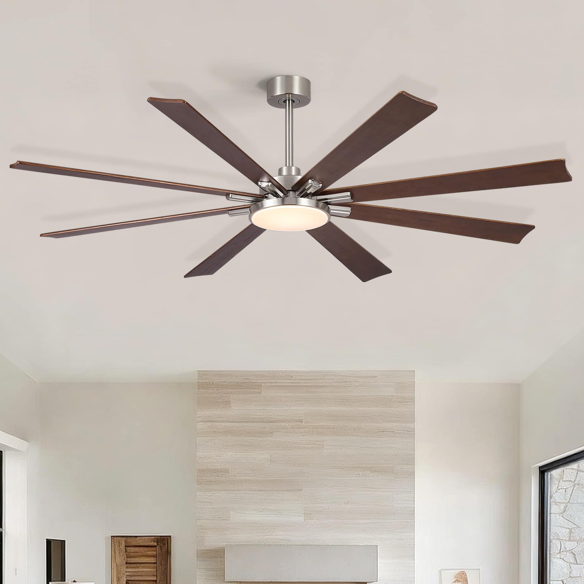 LUXEYARD 72 inch Retro Farmhouse Brushed Nickel Ceiling Fan with Light and Solid Wood Blades