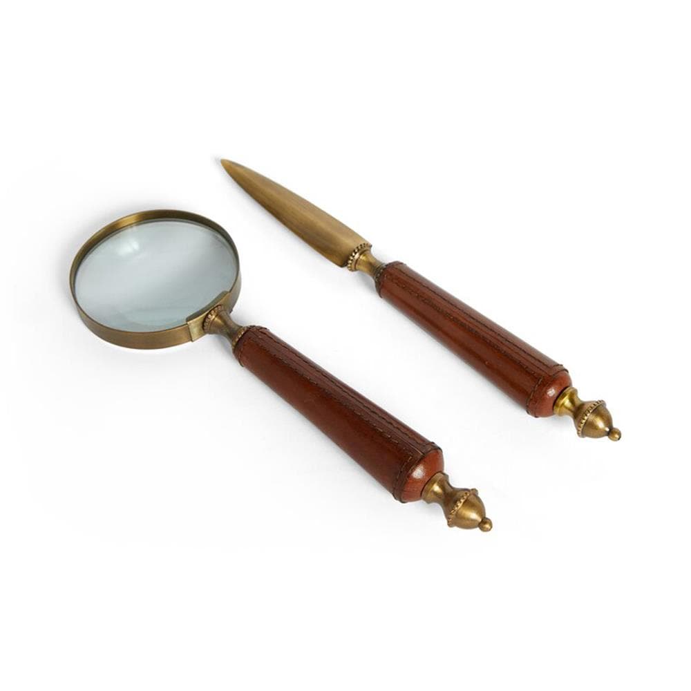 GO Home 17069 Antiqued Finish Desk Magnifying Glass Set - Leather, Glass, and Brass - Brown - Pack of 2