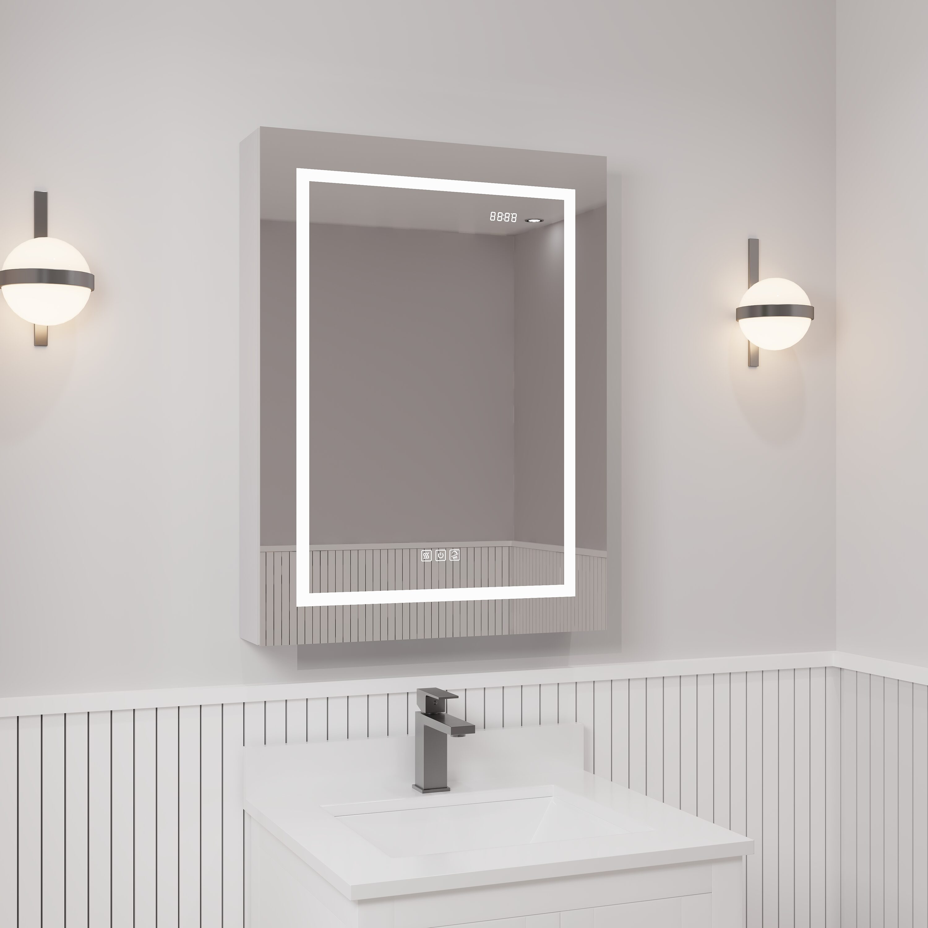 Ayna Decors AMCNE2432LEDR Neo 24-in x 32-in Lighted LED Fog Free Surface Mount Silver Mirrored Rectangle Soft Close Medicine Cabinet with Outlet