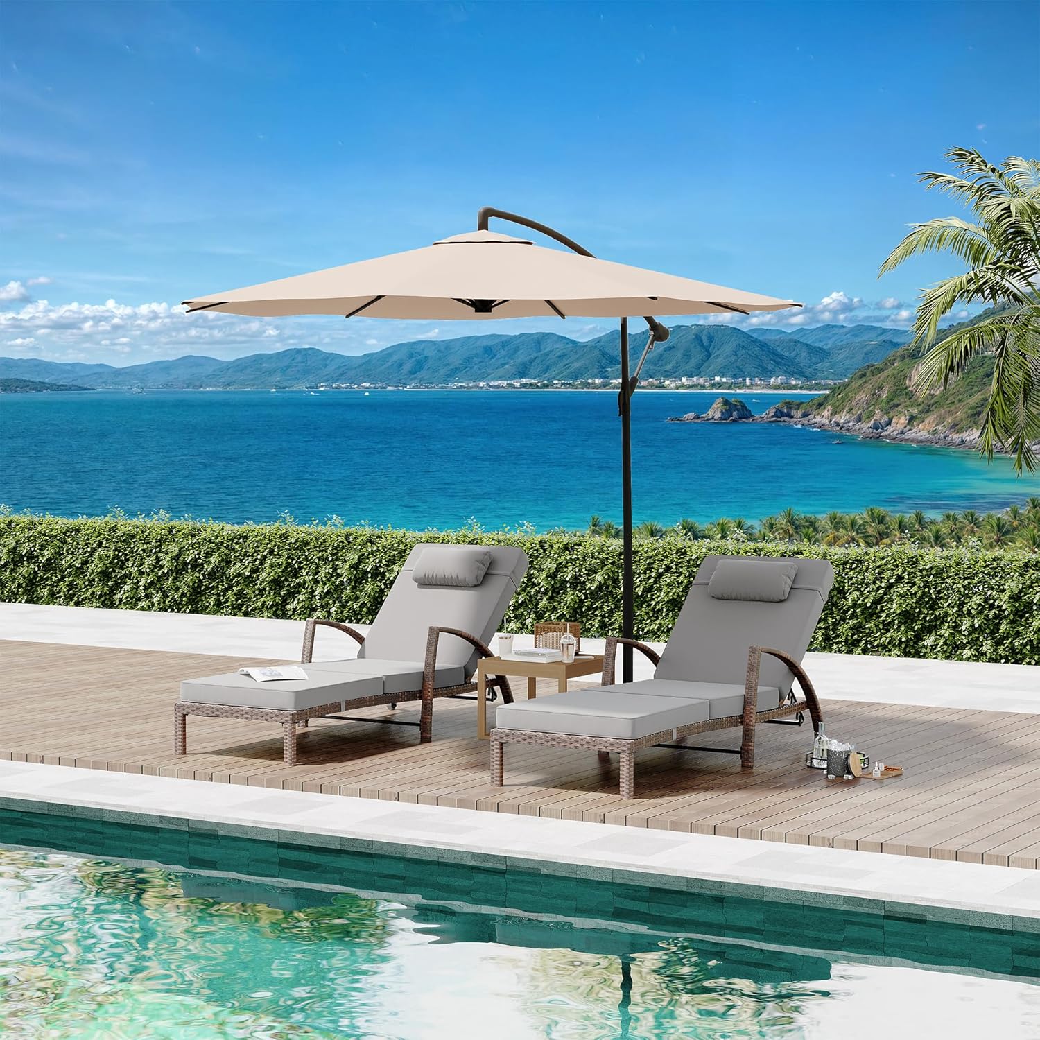 Qeetex LHF-HW-PPG-339D4PFX Outdoor Chaise Lounge Chairs Set of 2 Patio Rattan Reclining Chair with 5-Position Adjustable Backrest All-Weather Pool Sunbathing Recliners with Rolling Wheels for Outside - Brown and Grey