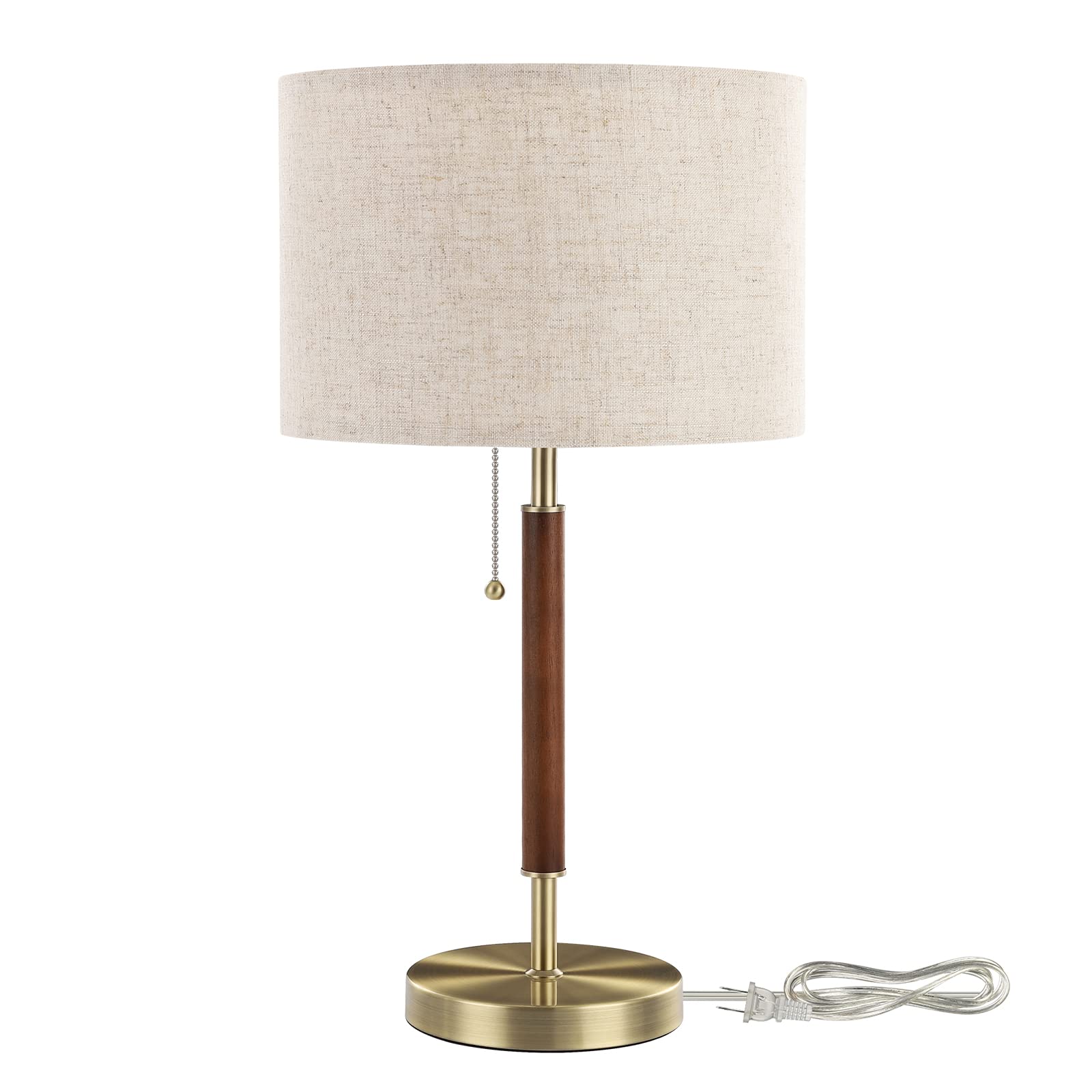 OMOMMD Mid Century Table Lamp Bedside Pull Chain Solid Wood Metal Pole Frosted Bronze Linen Shade Stable Base Eye Friendly Easy Assemble Living Room Bedroom Office