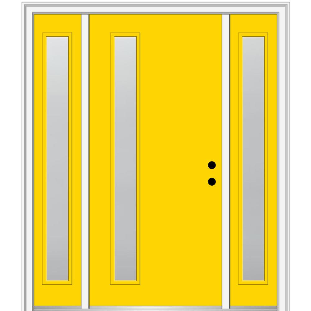 MMI DOOR ZZ347263L Spotlights 64-in x 80-in x 4-9/16-in Fiberglass Full lite Left-hand inswing Yellow Flash Painted Prehung Front Door with Sidelights with Brickmould Insulating core
