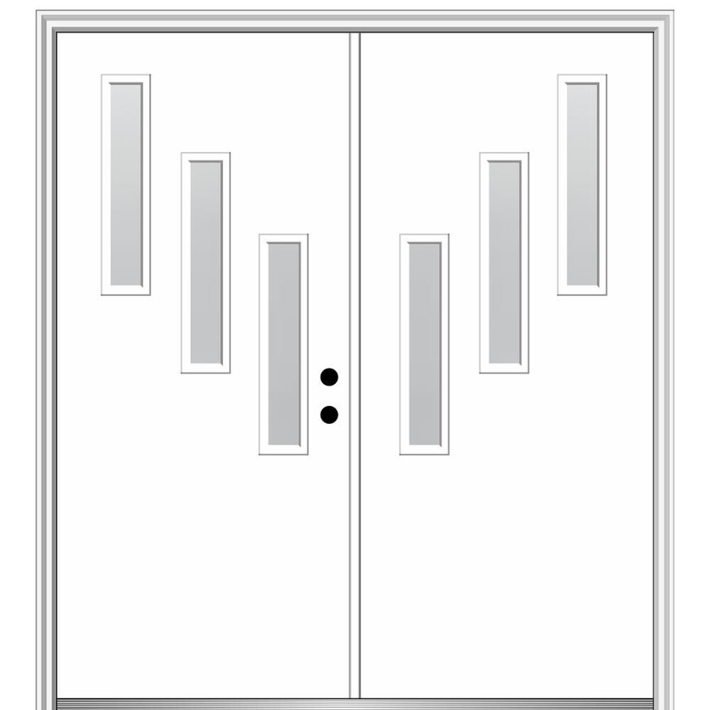 MMI DOOR ZZ347976L Spotlights 64-in x 80-in x 4-9/16-in Fiberglass Pulse lite Left-hand inswing Brilliant White Painted Prehung Double Front Door with Brickmould Insulating core