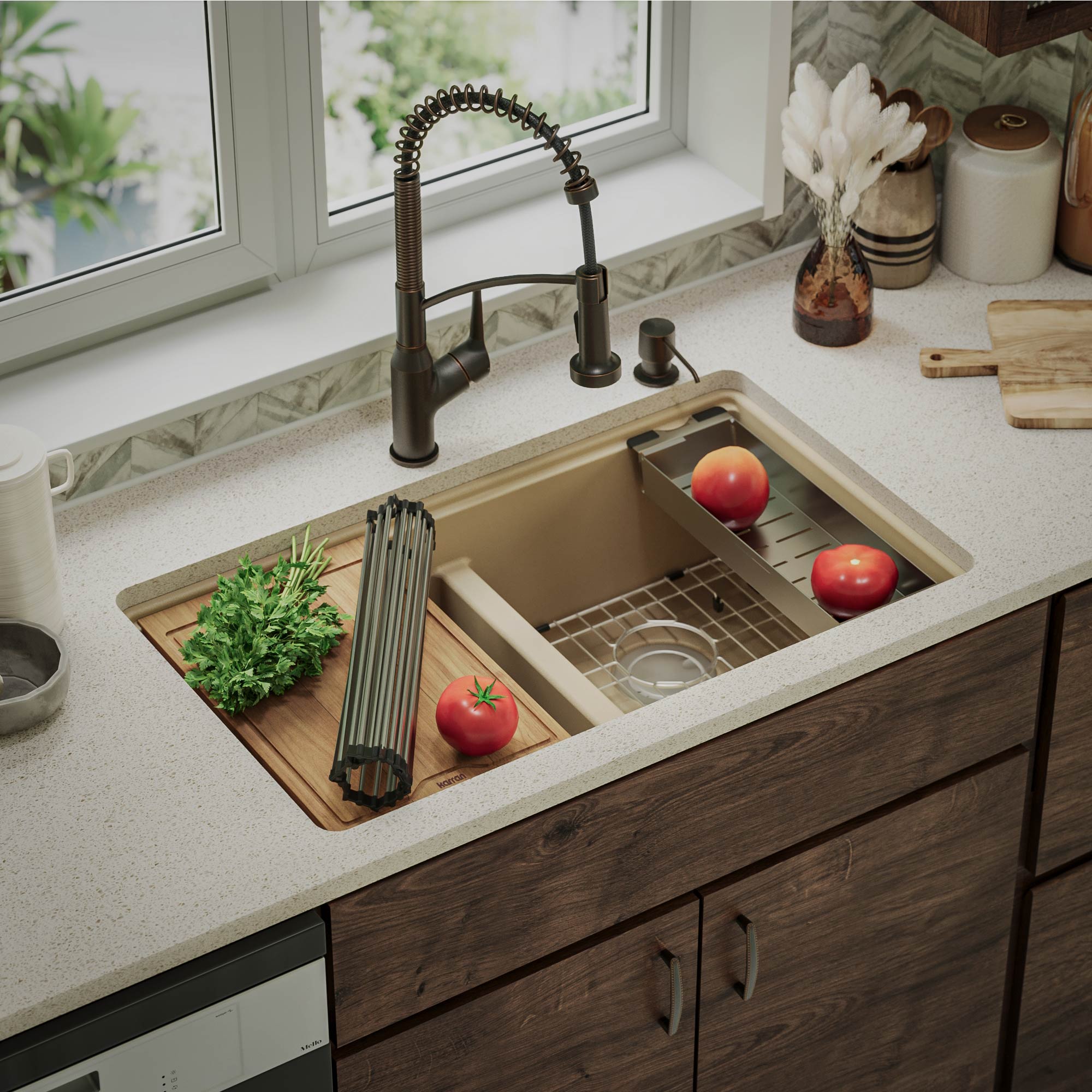 Karran QUWS-880-BI Undermount 32.5-in x 19.25-in Quartz Double equal bowl 1-Hole Workstation Kitchen Sink with Drainboard