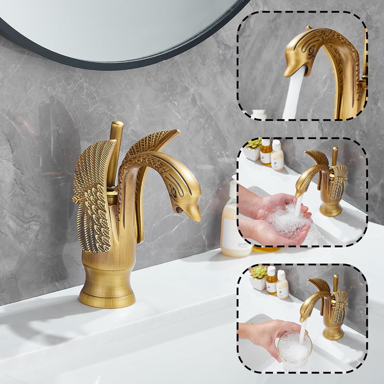 Antique Brass Swan-Shaped Single Handle Bathroom Faucet