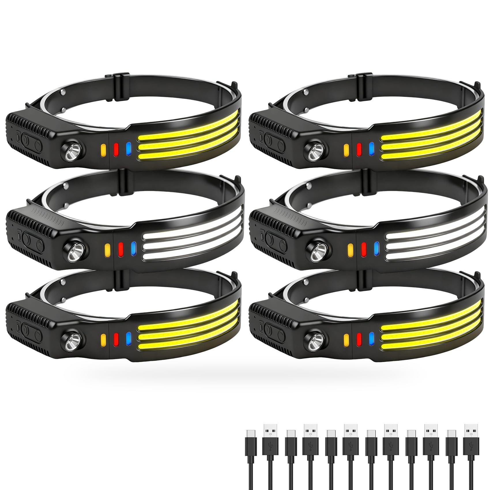 Ahfiwaso  6Pack LED Headlamp renewable power 1200 High Lumen Head Lamp with Motion Sensor 230 Degree Wide Beam 5 Light Modes IPX6 Waterproof Head
