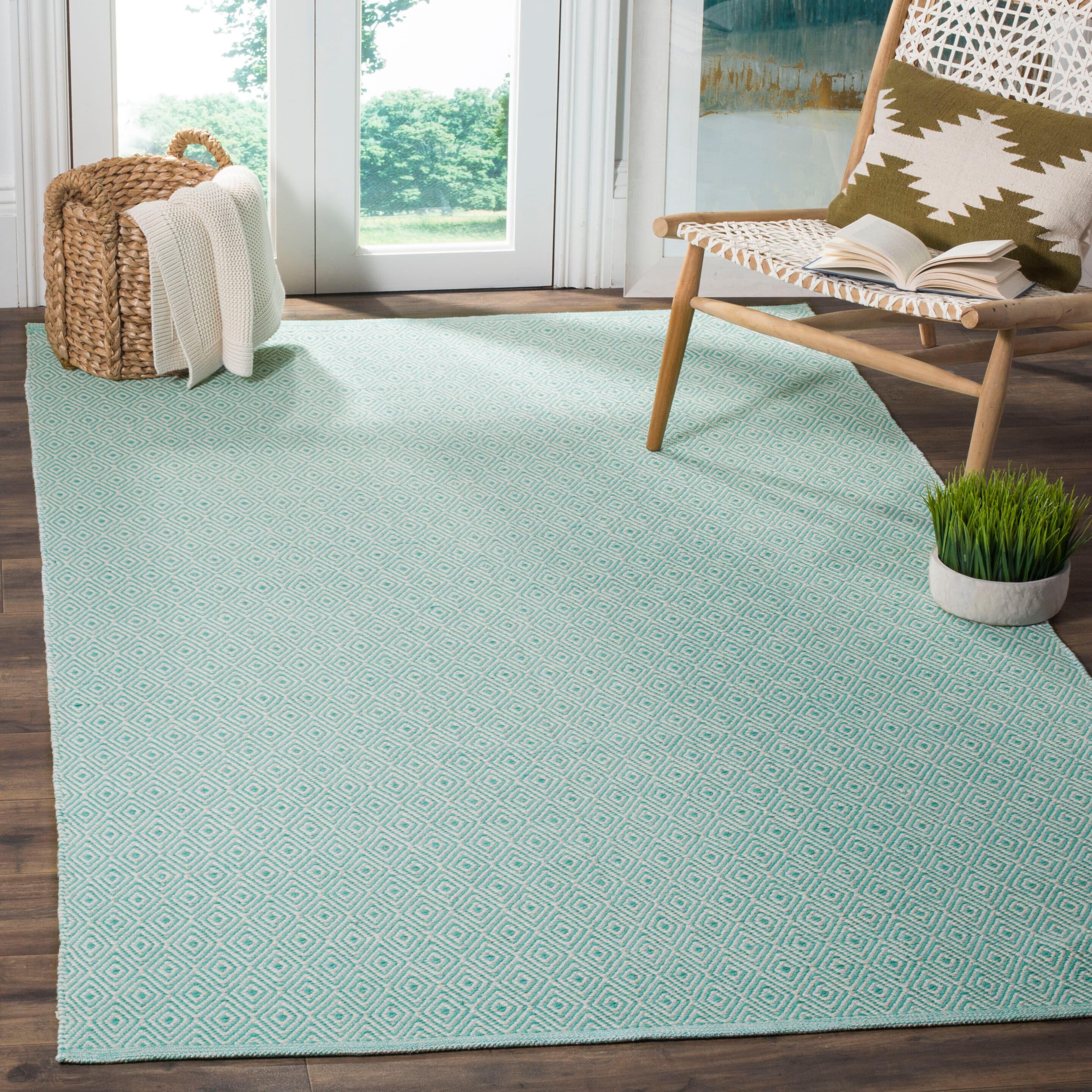 Safavieh MTK515A-24 Montauk Lucie 3 x 4 (ft) Cotton Ivory/Aqua Rectangular Indoor Geometric Coastal Throw rug
