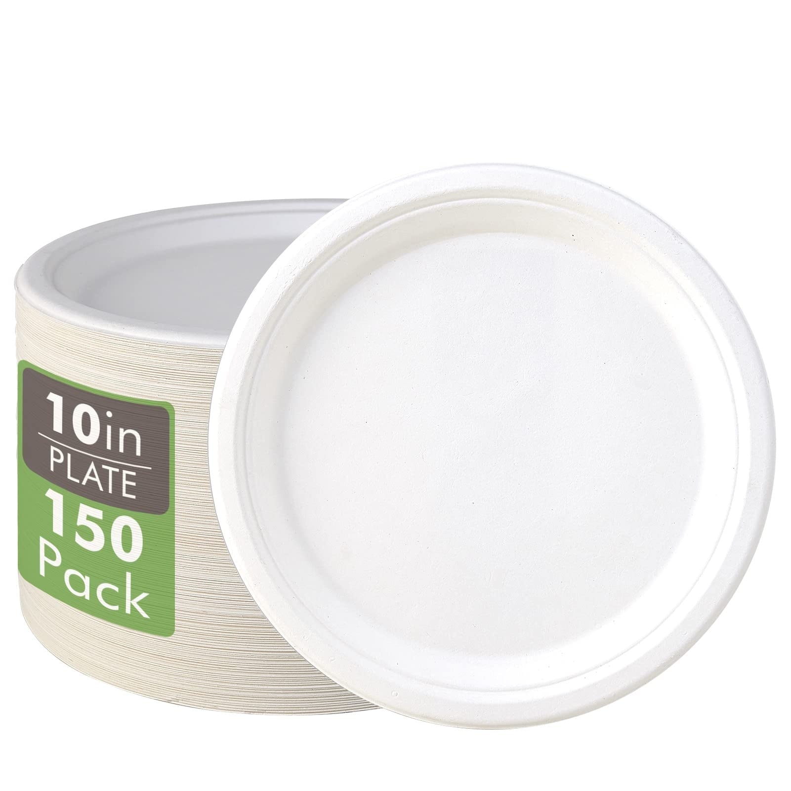 Anqtovp  150 pack compostable paper plates 10 inch heavy duty bagasse sugarcane fiber biodegradable eco friendly white dinnerware for parties