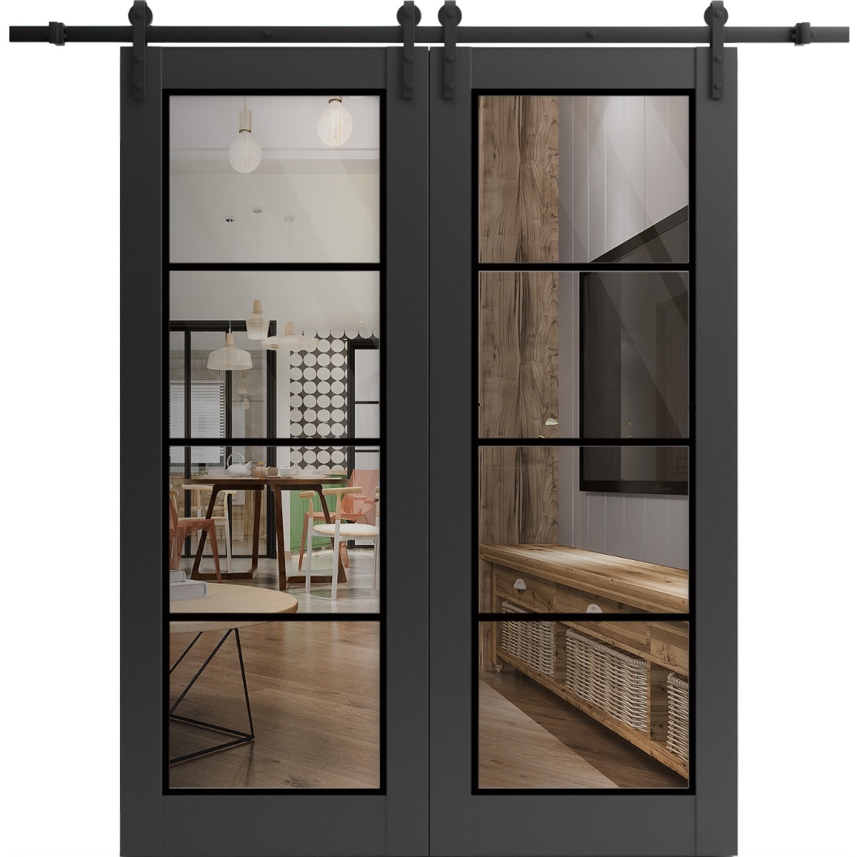 SARTODOORS Interior Double Barn Doors - Lucia 2466 Matte Black -48x96 -Black Rail-Clear Glass