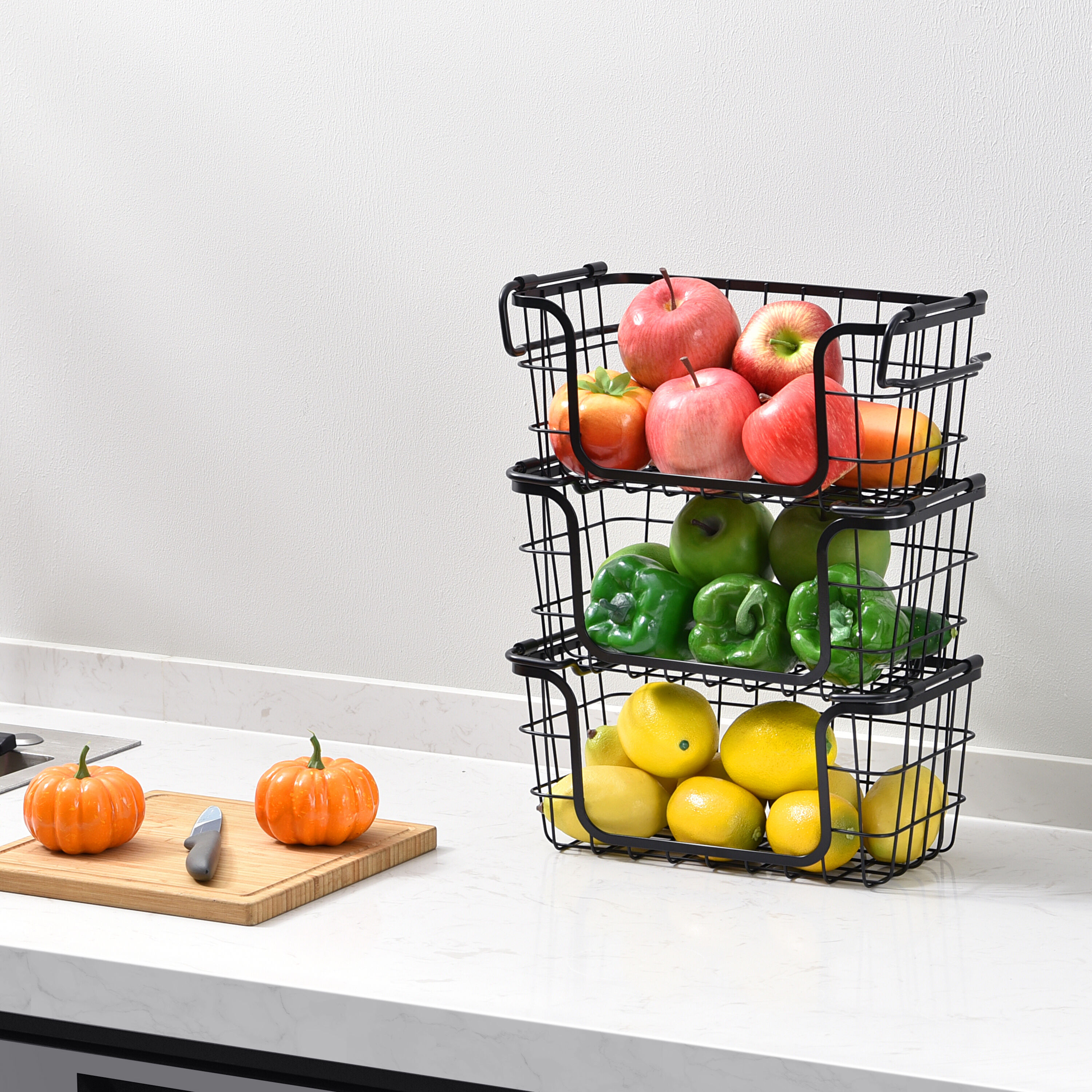 Modern Black Metal Wire 3-Piece Stackable Storage Basket Set