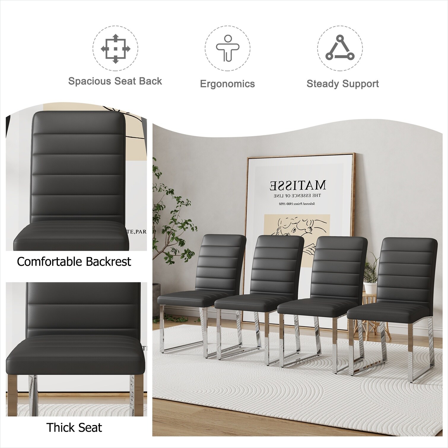 Naturefalls Set of 4 Modern Square PU Leather Dining Chairs with Metal ...