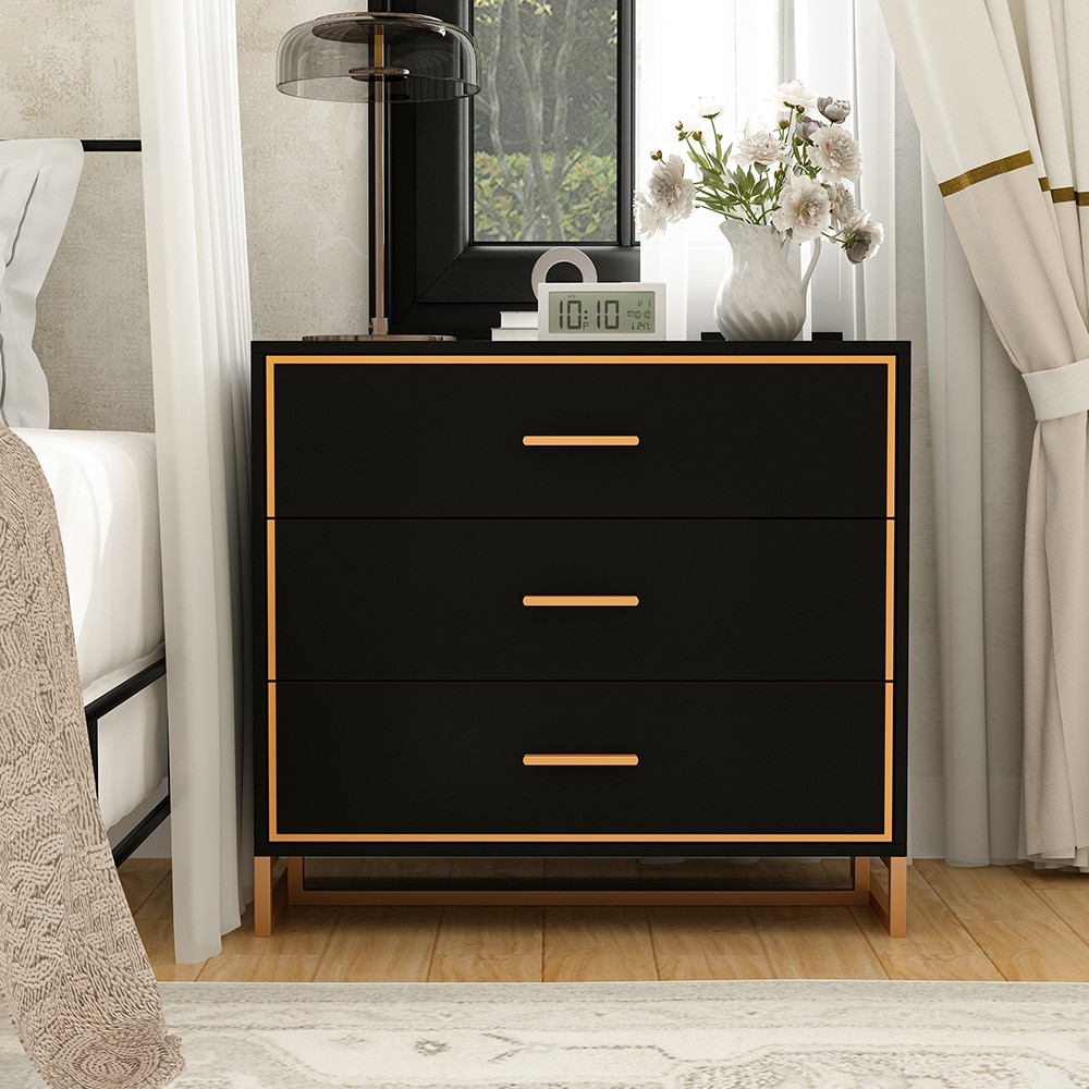 Homsee C-KF260155-01 31.5 in. Black and Gold Wood Nightstand with 3 Drawers Modern End Table Side Table for Bedroom or Living Room Storage