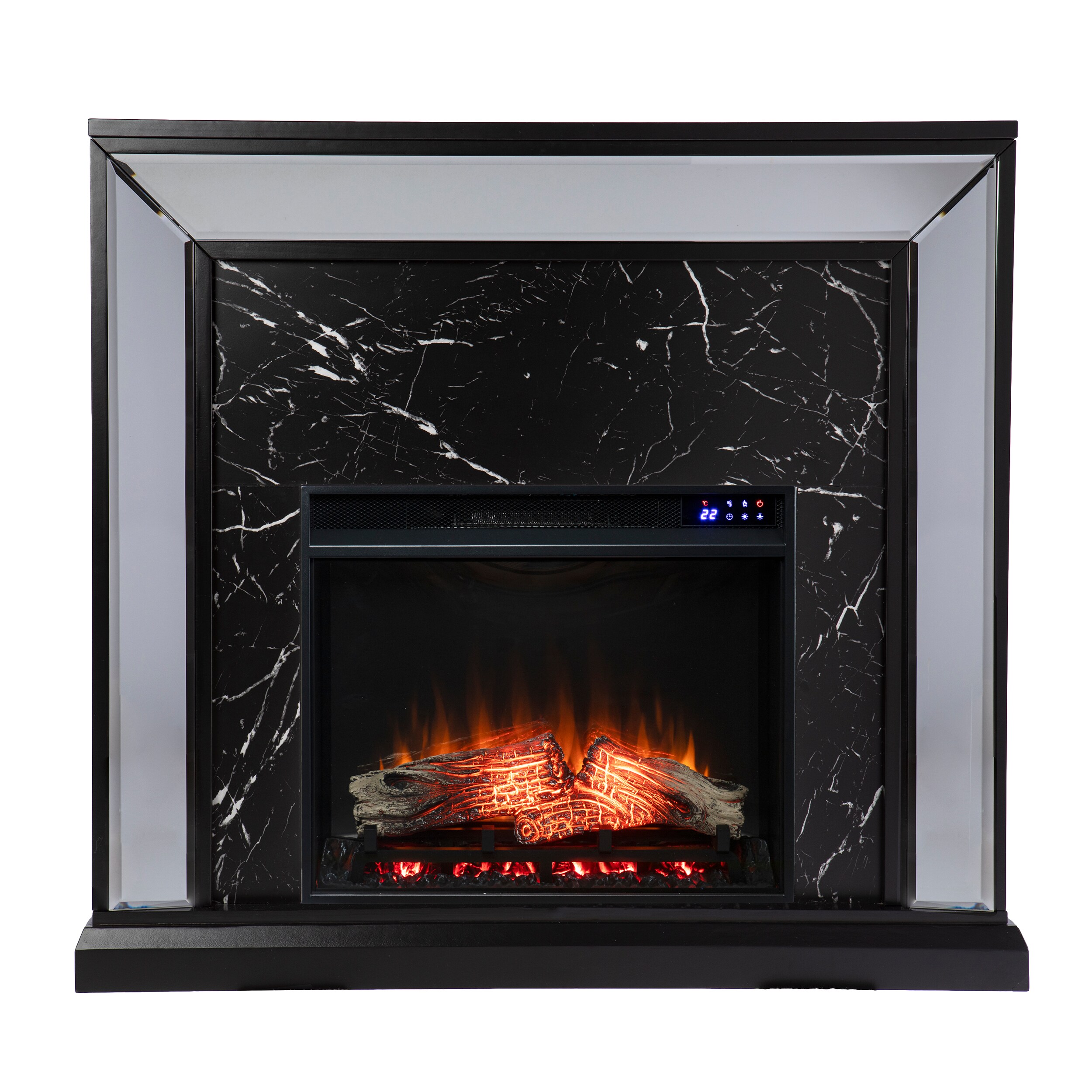 Southern Enterprises FR1137859 44-in W Antique Silver with Black Faux Marble, Mirror Free standing Fan-forced Flat wall Electric Fireplace with Remote Control Included
