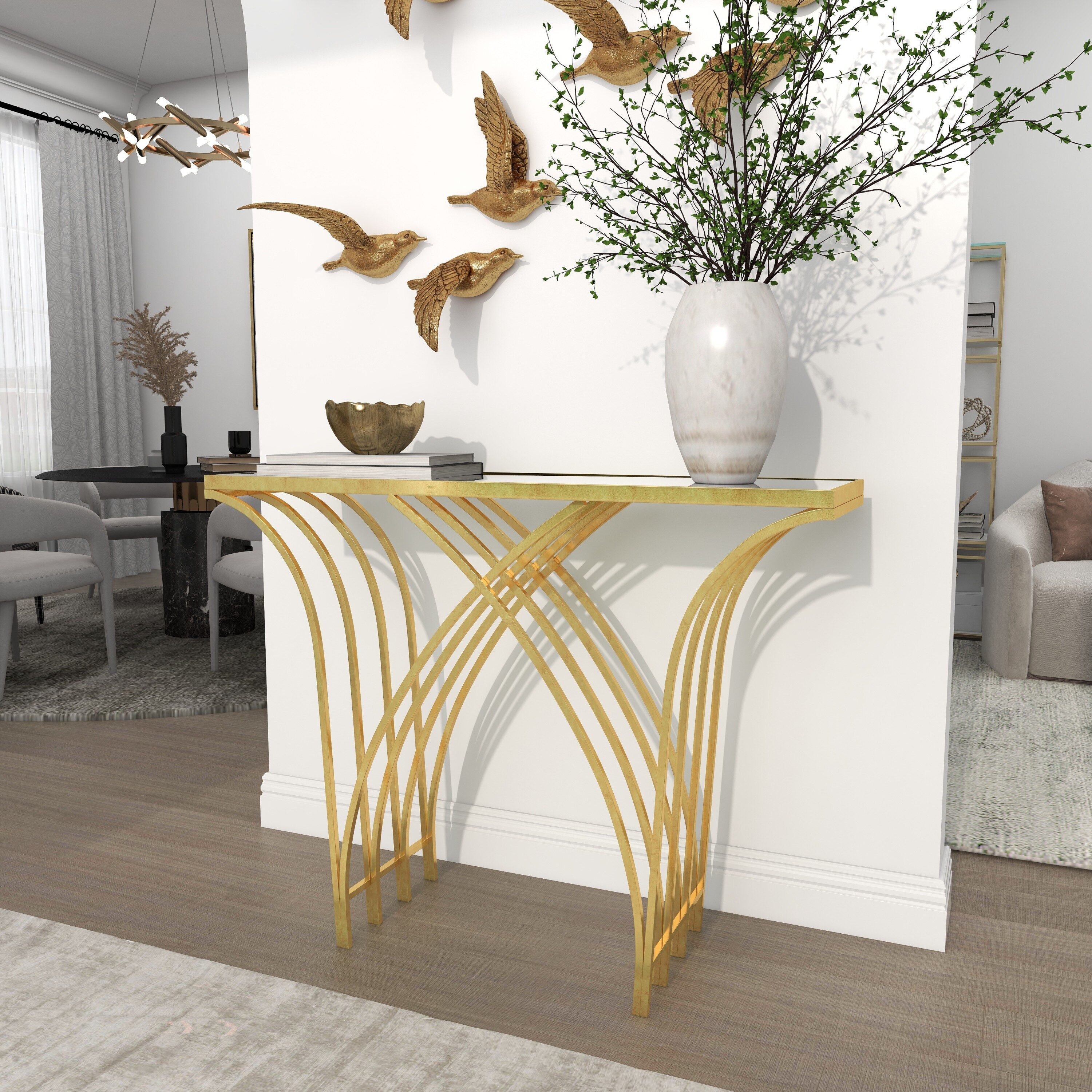 Grayson Lane 65550 Modern 41" Gold with Mirrored Glass Top Console table