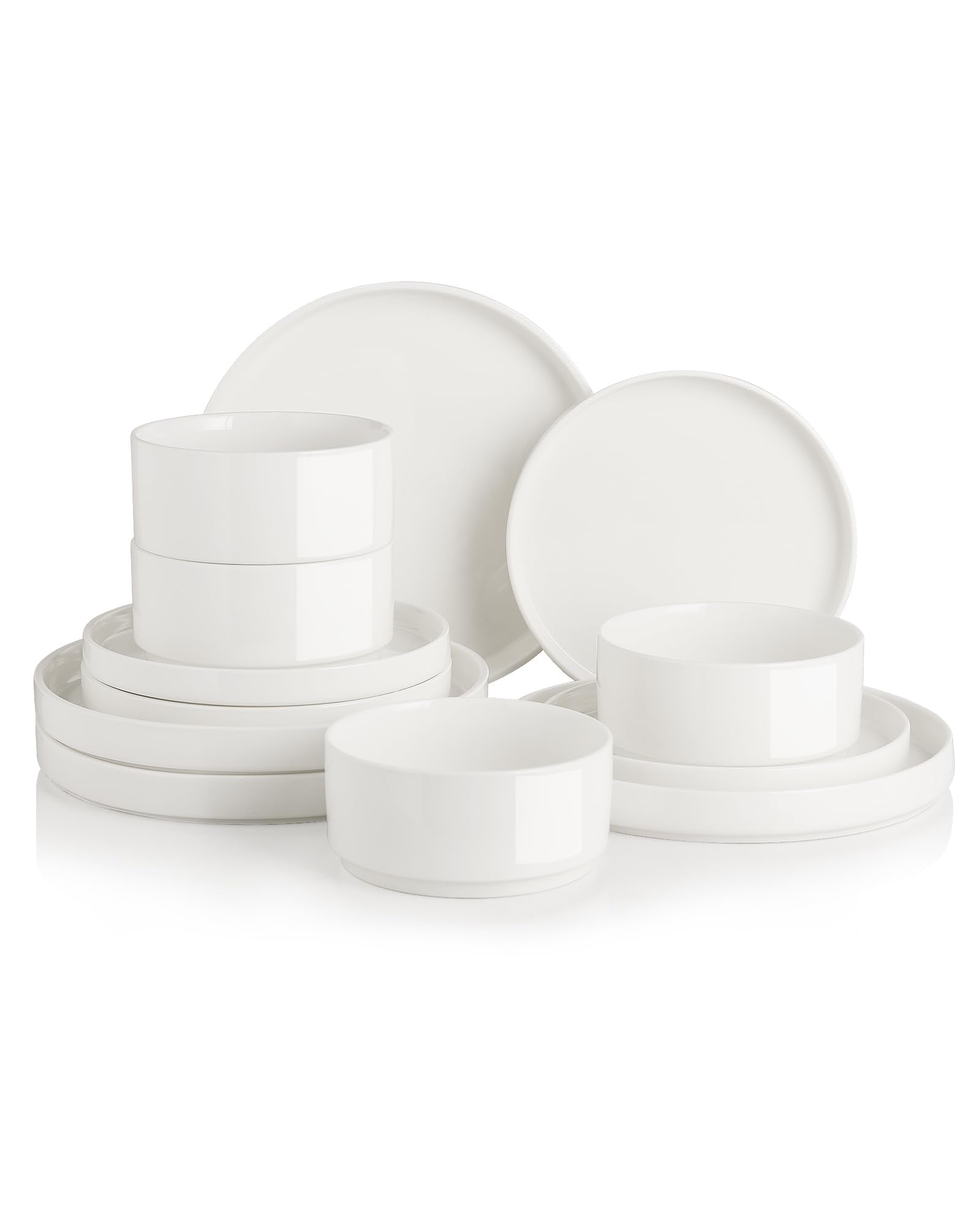Aoibox  12 Piece Pure White Porcelain Plates and Bowls Dinnerware Set Microwave Dishwasher Safe Service for 4