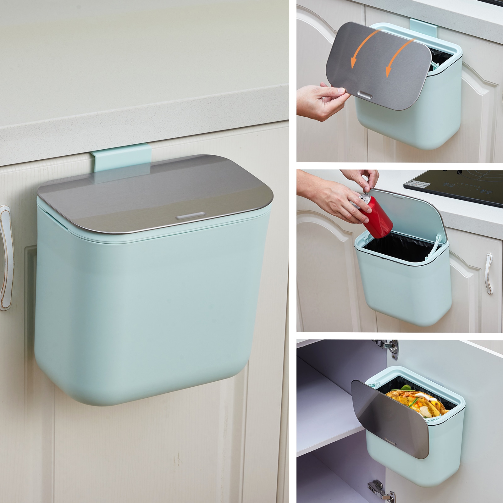Garvee 1.8 Gallon Hanging Trash Can with Stainless Steel Lid Under Sink Compost Bin for Kitchen Cabinet Door Mounted