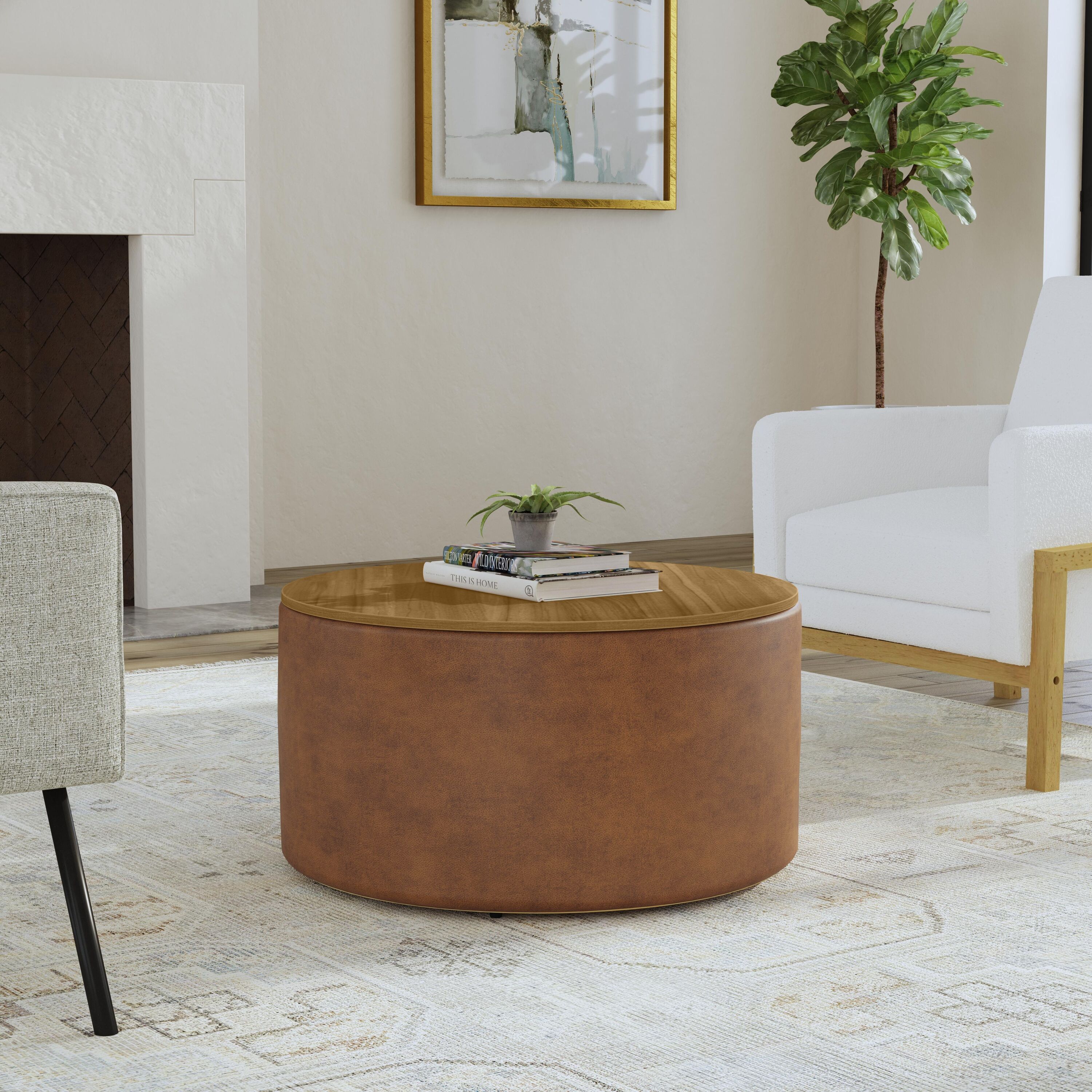 HomePop K8586-E910 Modern Brown Faux leather Round Storage Ottoman