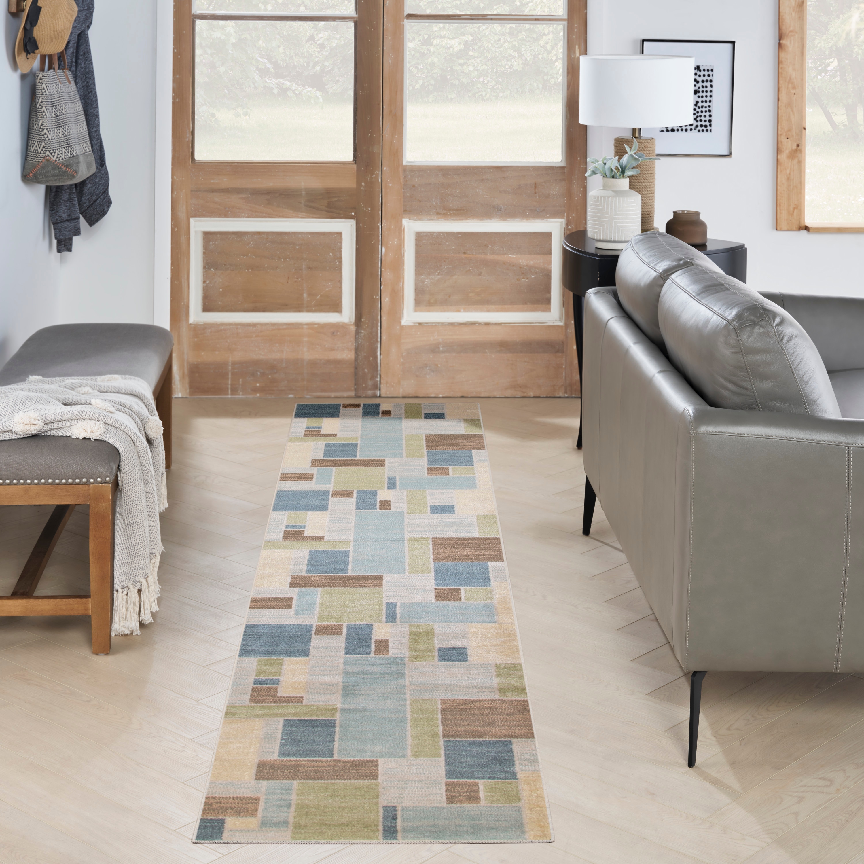 Nourison Home 099446944405 Astra Machine Washable 2 x 10 (ft) Loomed Polyester Blue Green Multi Rectangular Indoor Geometric Mid-Century Modern Machine washable Runner rug