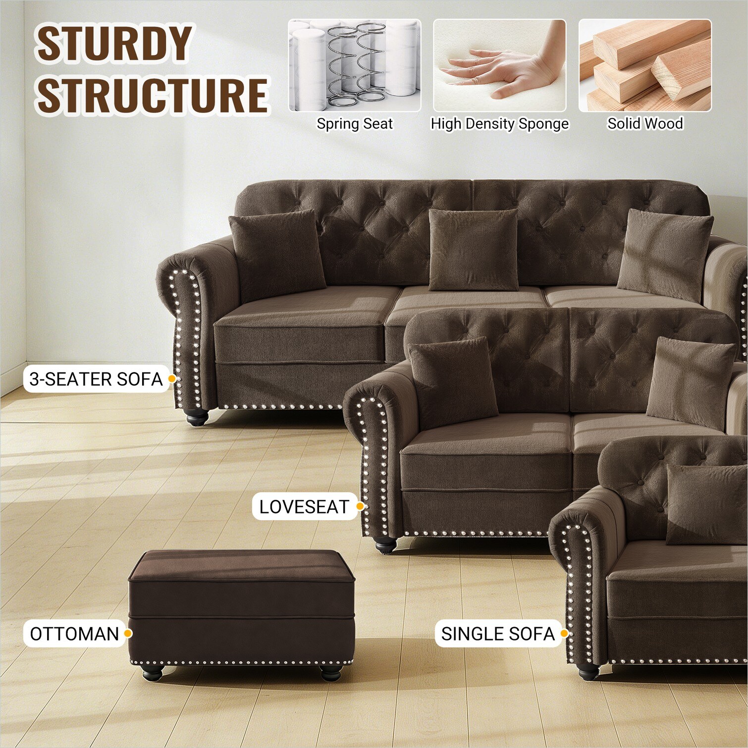 SunJet Wood-Tone Brown Velvet Chesterfield Sofa with Ottoman Mid ...