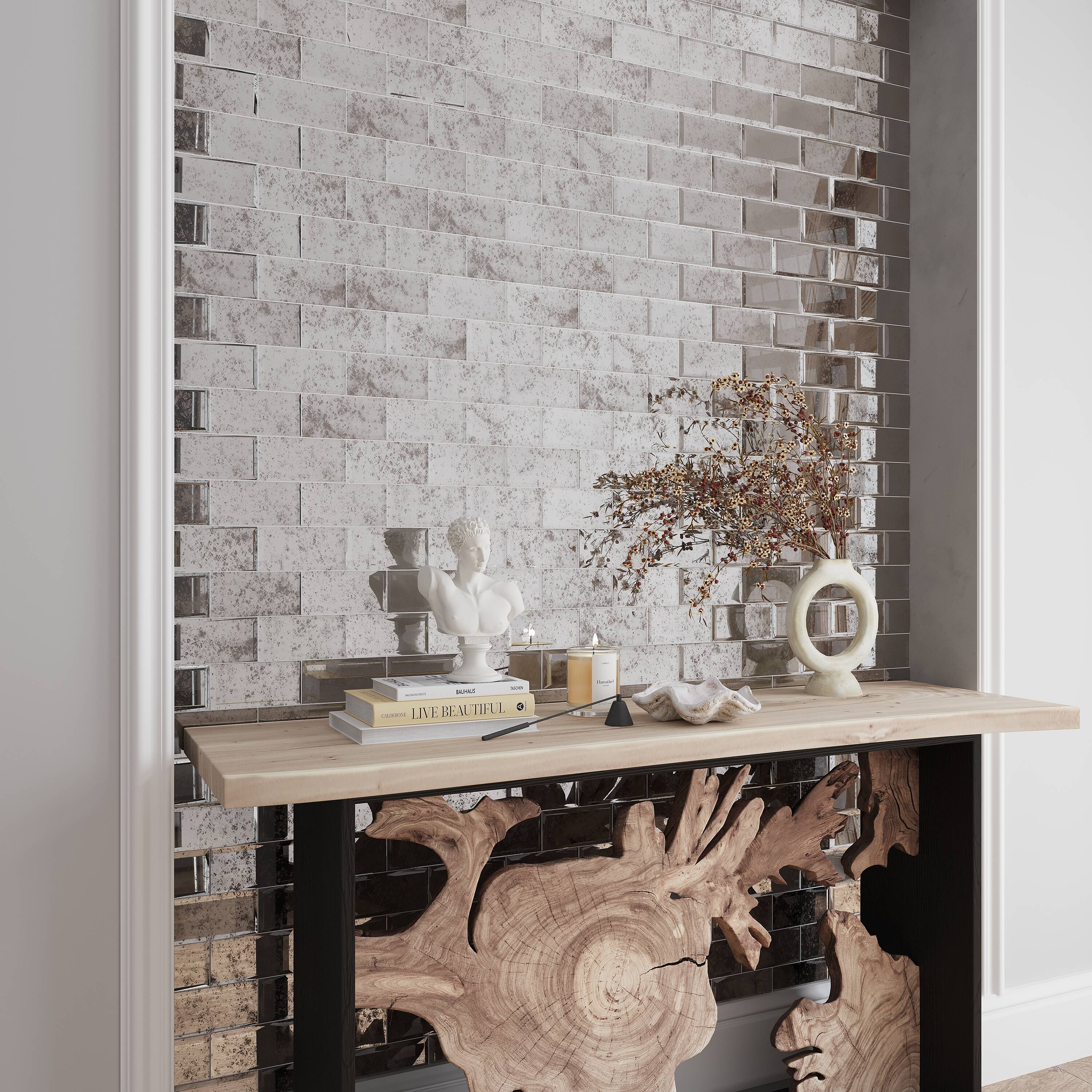 Glister 3" x 6" Polished Antique Silver Glass Subway Tile