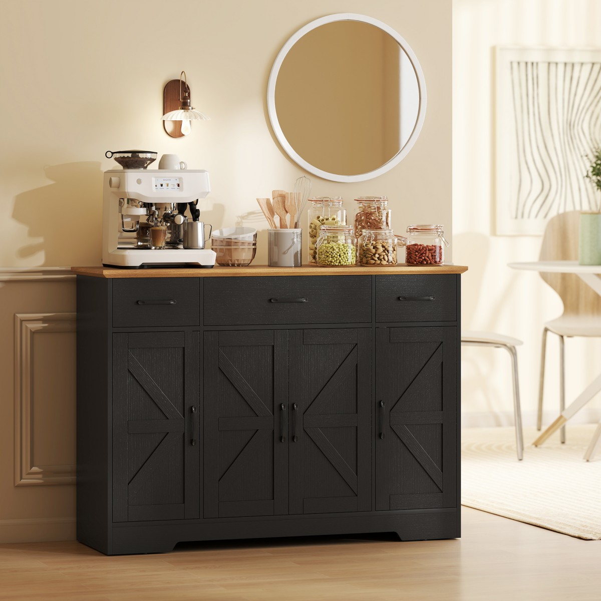 GlasFlength  47 Inch Pantry Cabinet with Doors Kitchen Storage Cabinet Dining Room Cabinet with Adjustable Shelves Spice Racks for Kitchen Dining Room Black