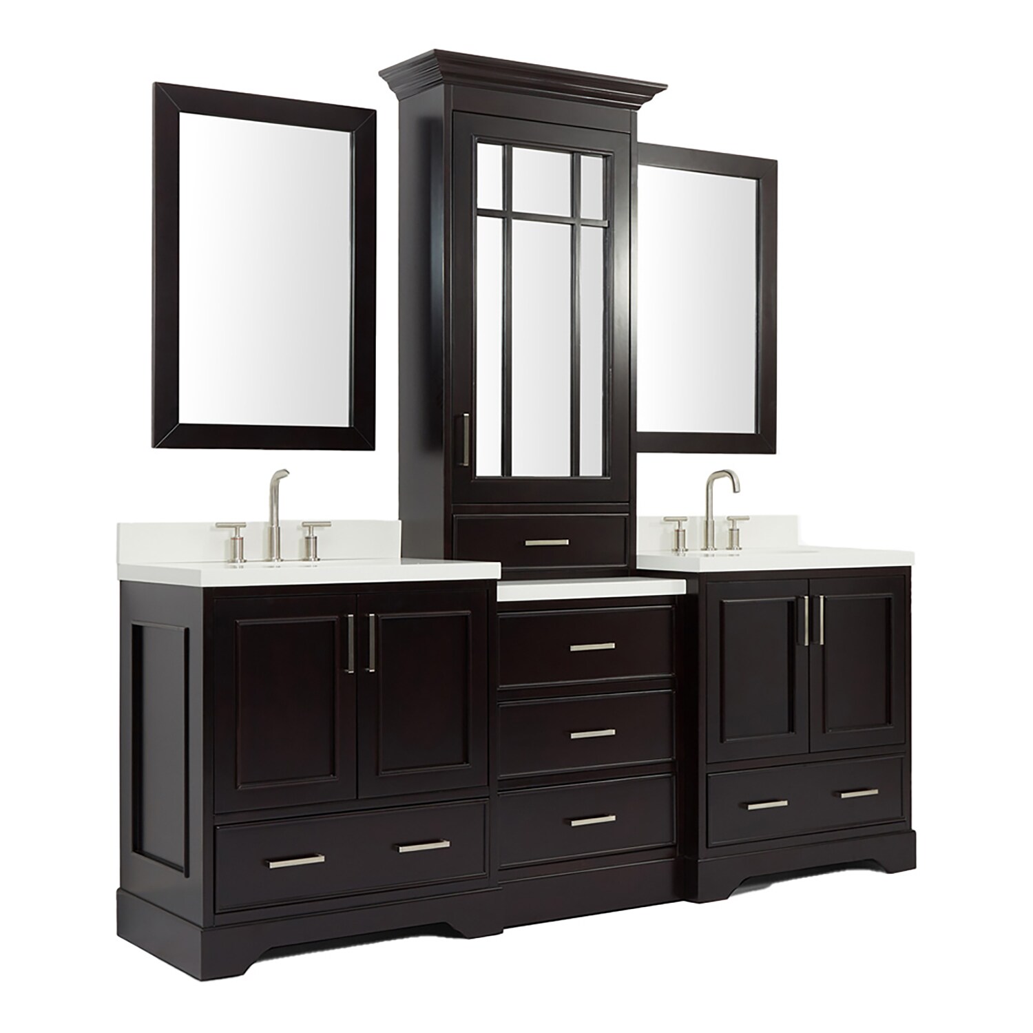 J & D Kitchen Distributors, Inc. - These vanities are separated by an extra  deep tall linen cabinet with tons of extra storage! And I just love the  tile backsplash all the