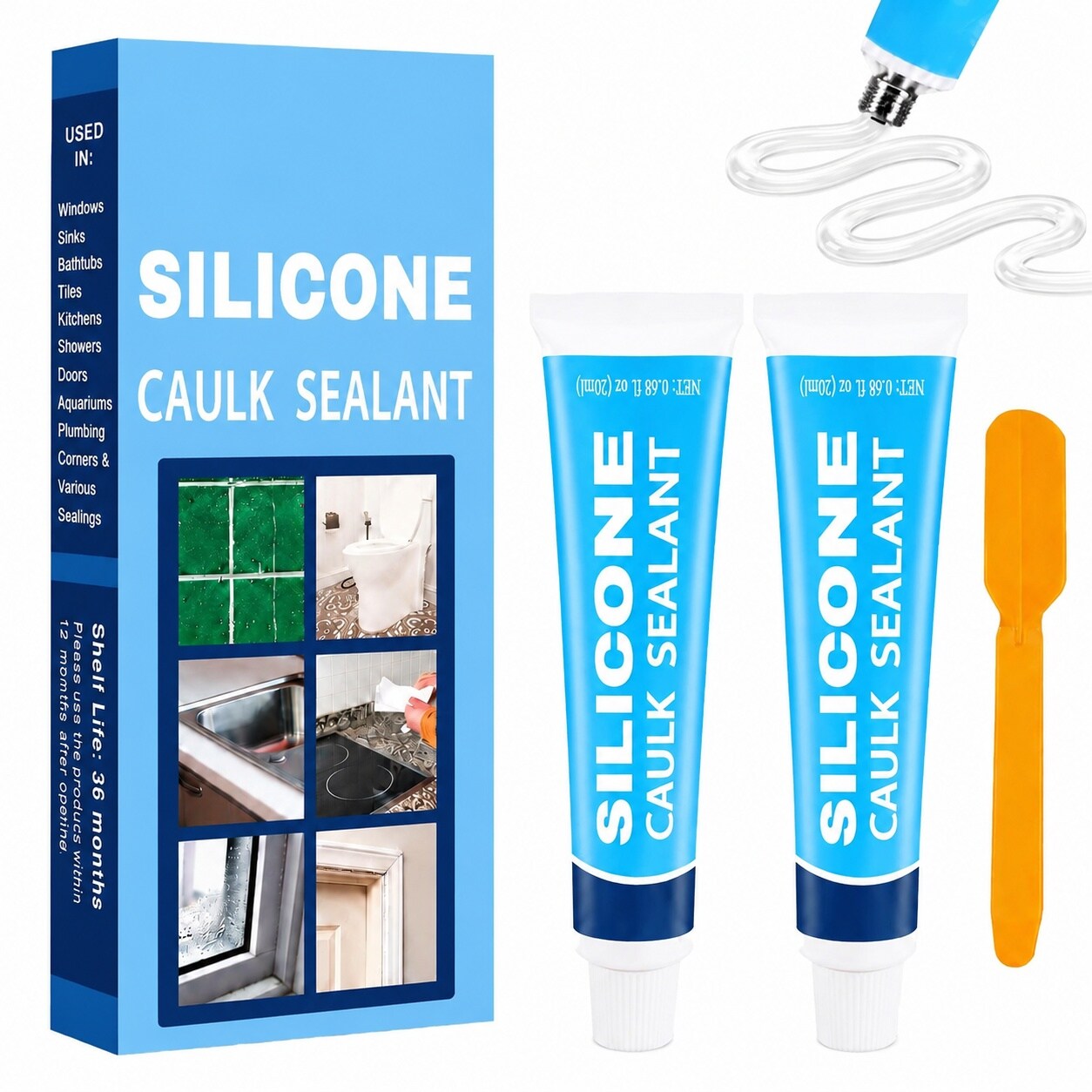 Yichuhaoxi  Clear Silicone Caulk Waterproof Strong Adhesion Sealant for Kitchen Bathroom Window Door Toilet Shower Sink 0.68 fl oz Pack of 2