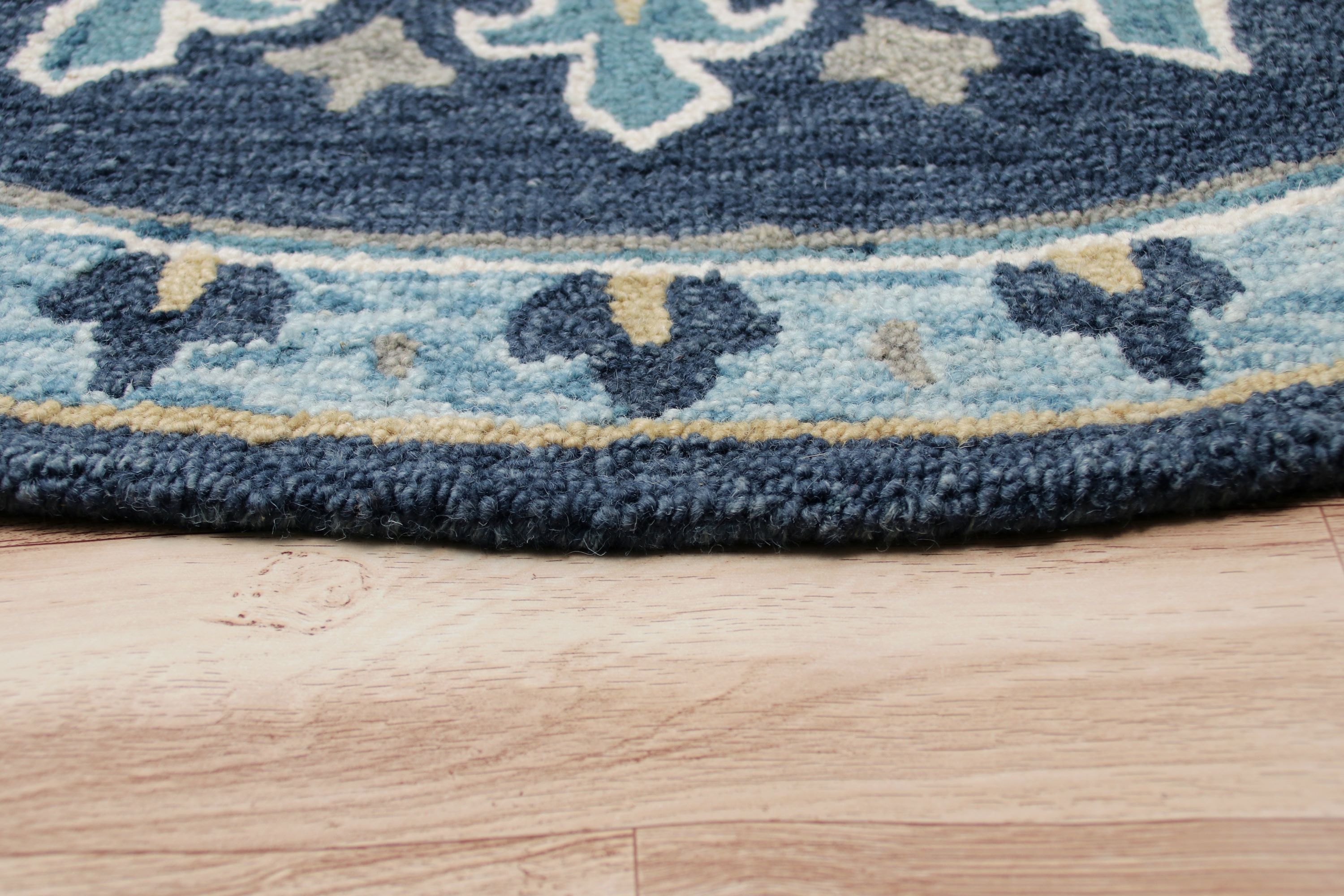 Handmade Blue Floral Medallion Wool Round Rug, 5'