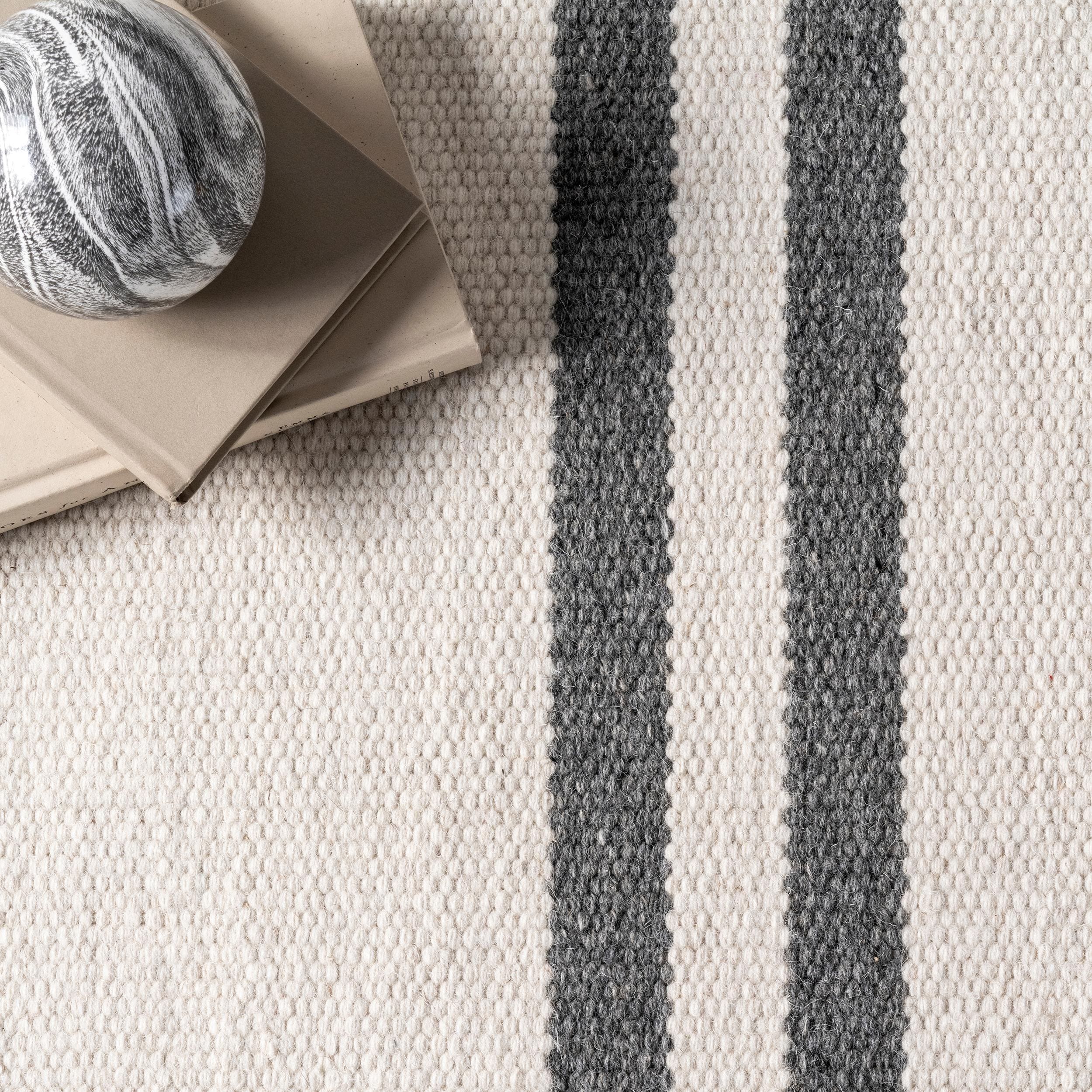 Ivory and Gray Wool Flatwoven Striped Runner Rug, 2' x 8'