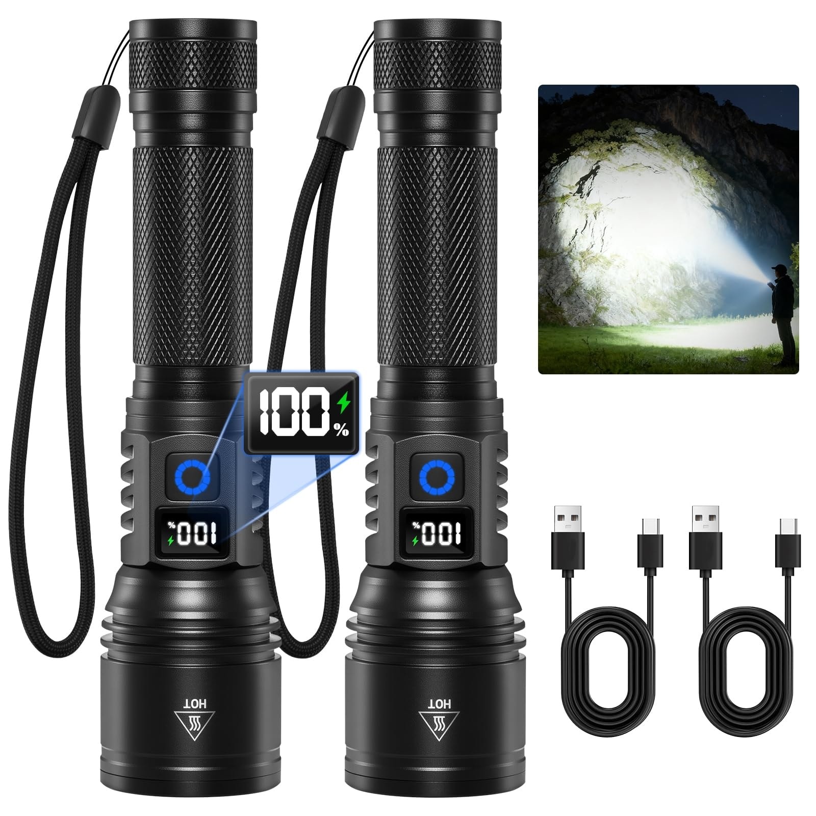 AOIZGMY  2 Pack Rechargeable LED Flashlights High Lumens 5 Modes Adjustable Focus Power Display Portable Aluminum Tactical Lights 5.9 x 1.6 x 1.0 in