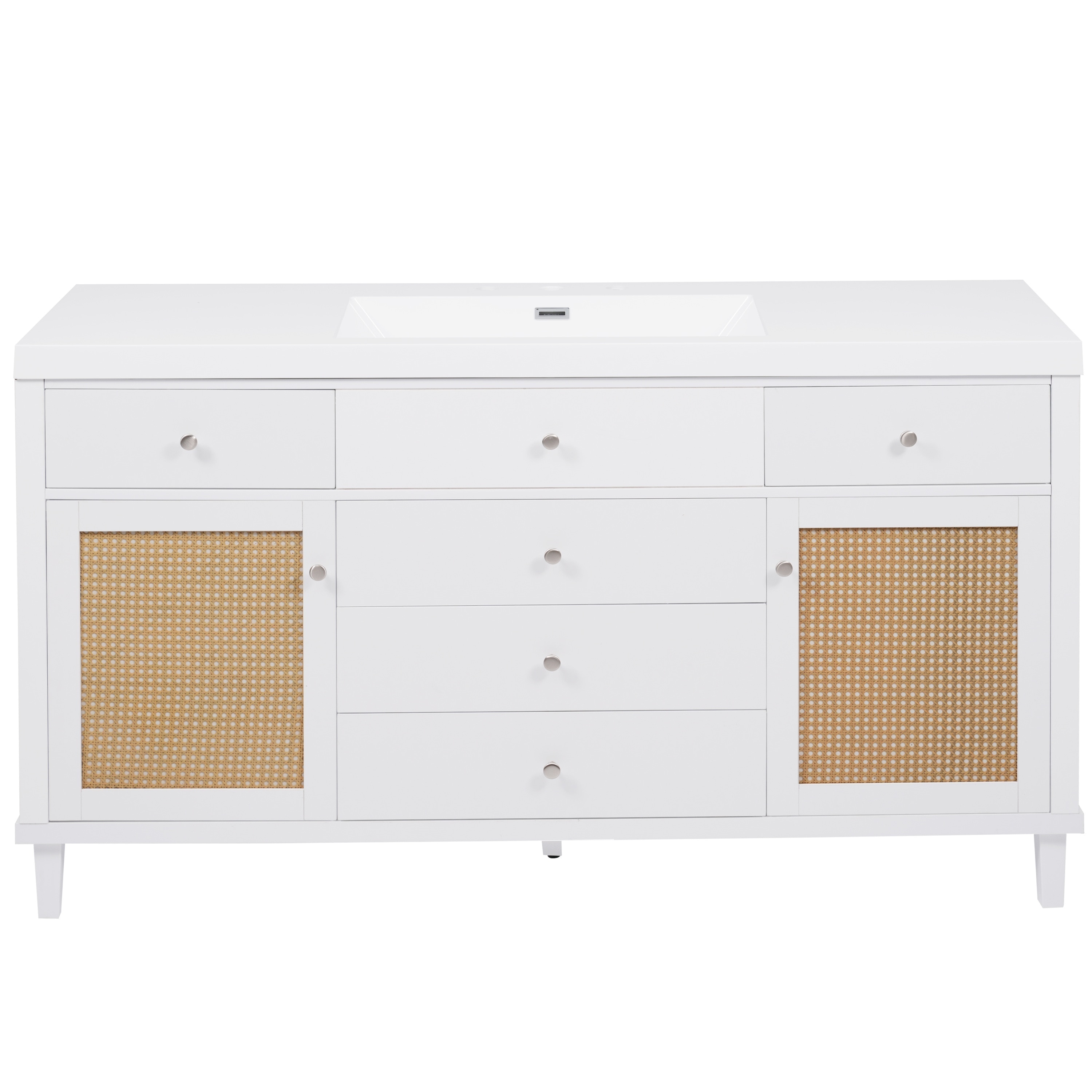 LIVACA 60 inch White Solid Wood and MDF Bathroom Vanity with SMC Sink with Soft Close Drawers and Rattan Doors
