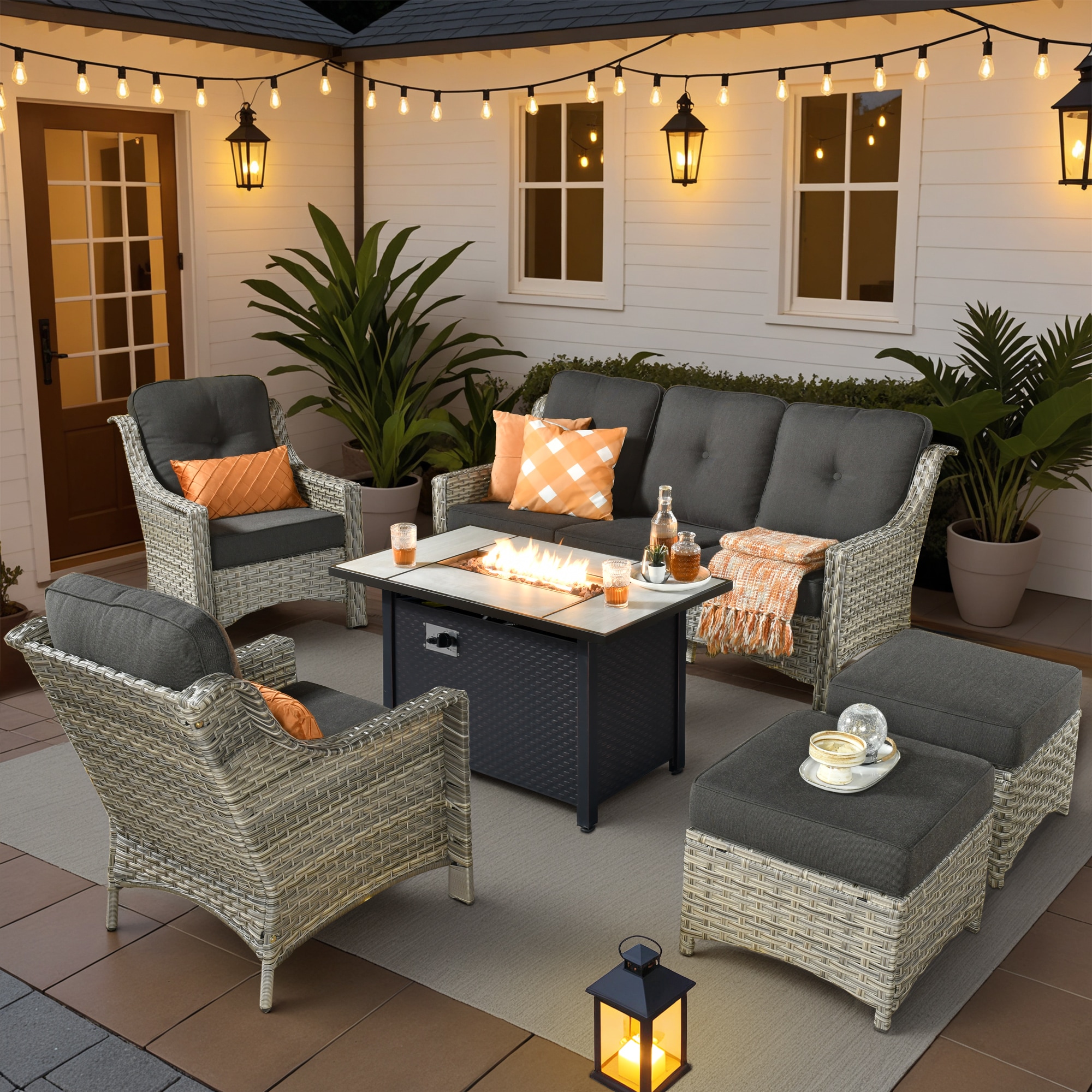 Pouuin SDFPAD106 6 -Piece Wicker Patio Sofa Conversation Set with Black Cushions