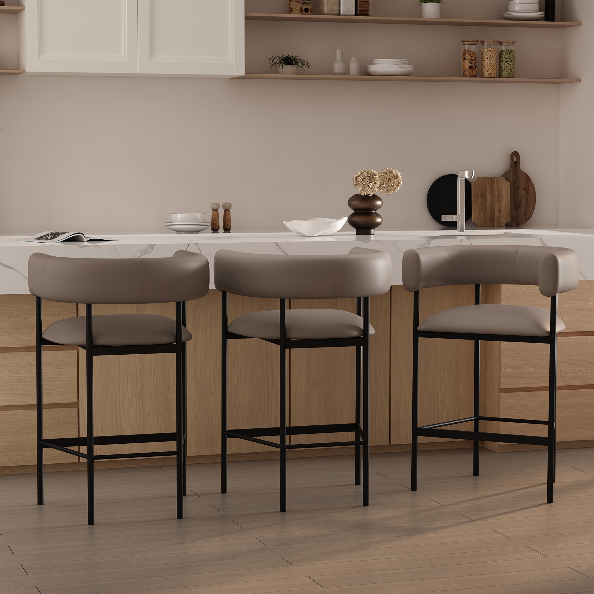 Manhattan Comfort Taupe 26.8-in H Counter height Upholstered Metal Bar ...