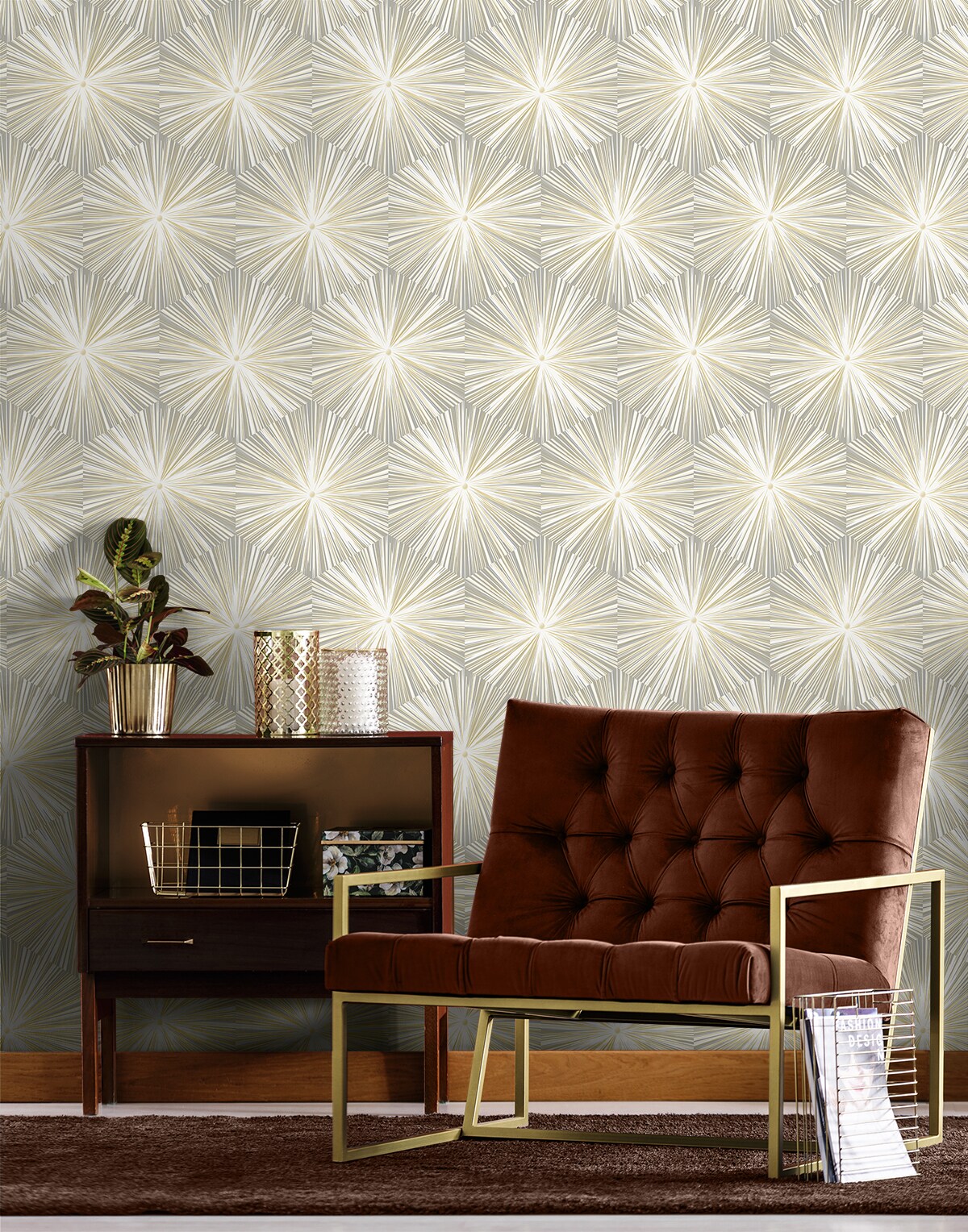 Grey and Metallic Gold Hex Starburst Peel and Stick Wallpaper