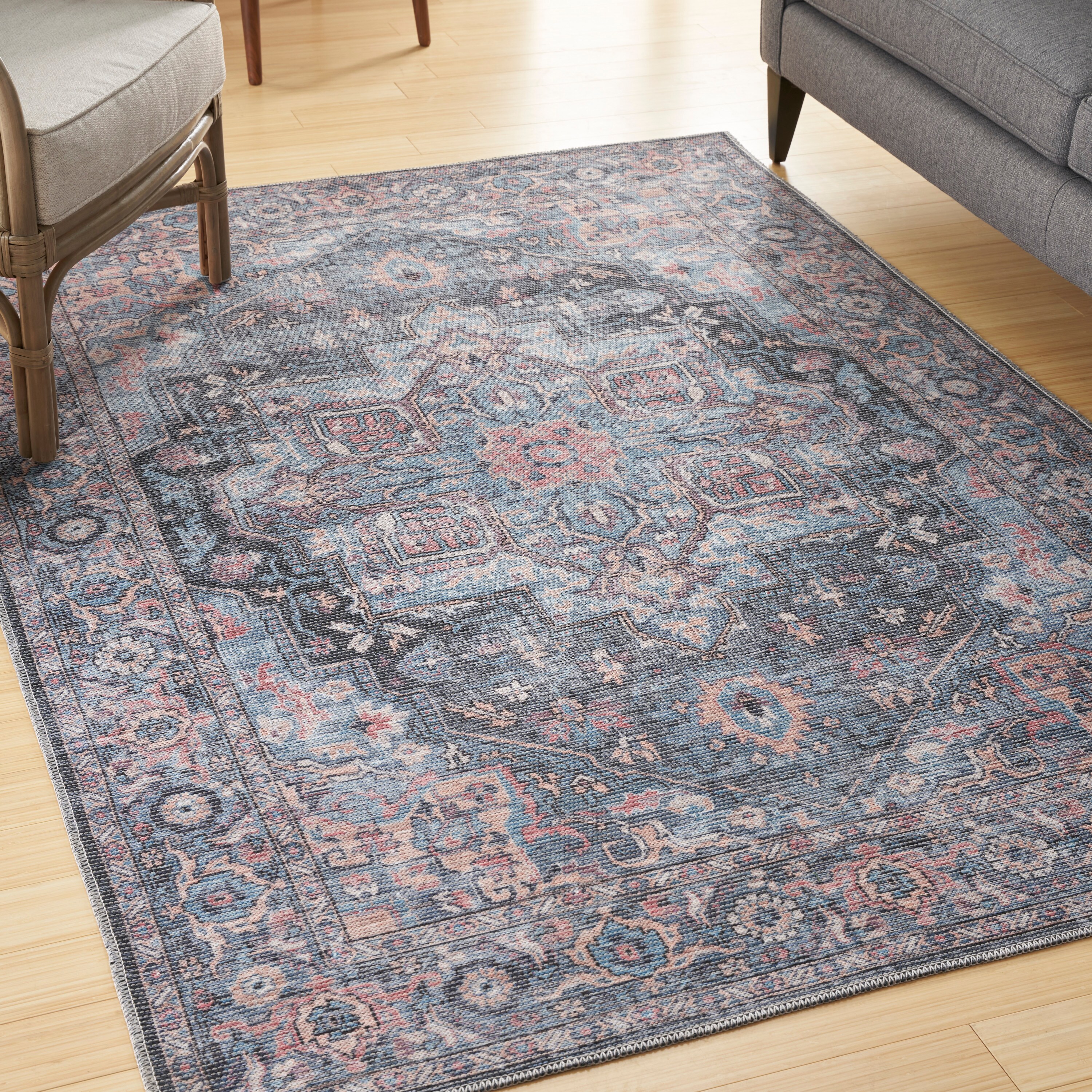 Nicole Curtis 099446164599 Machine Washable Series 1 6 x 9 (ft) Loomed Polyester Light Blue Multi Rectangular Indoor Border Vintage Machine washable Area rug
