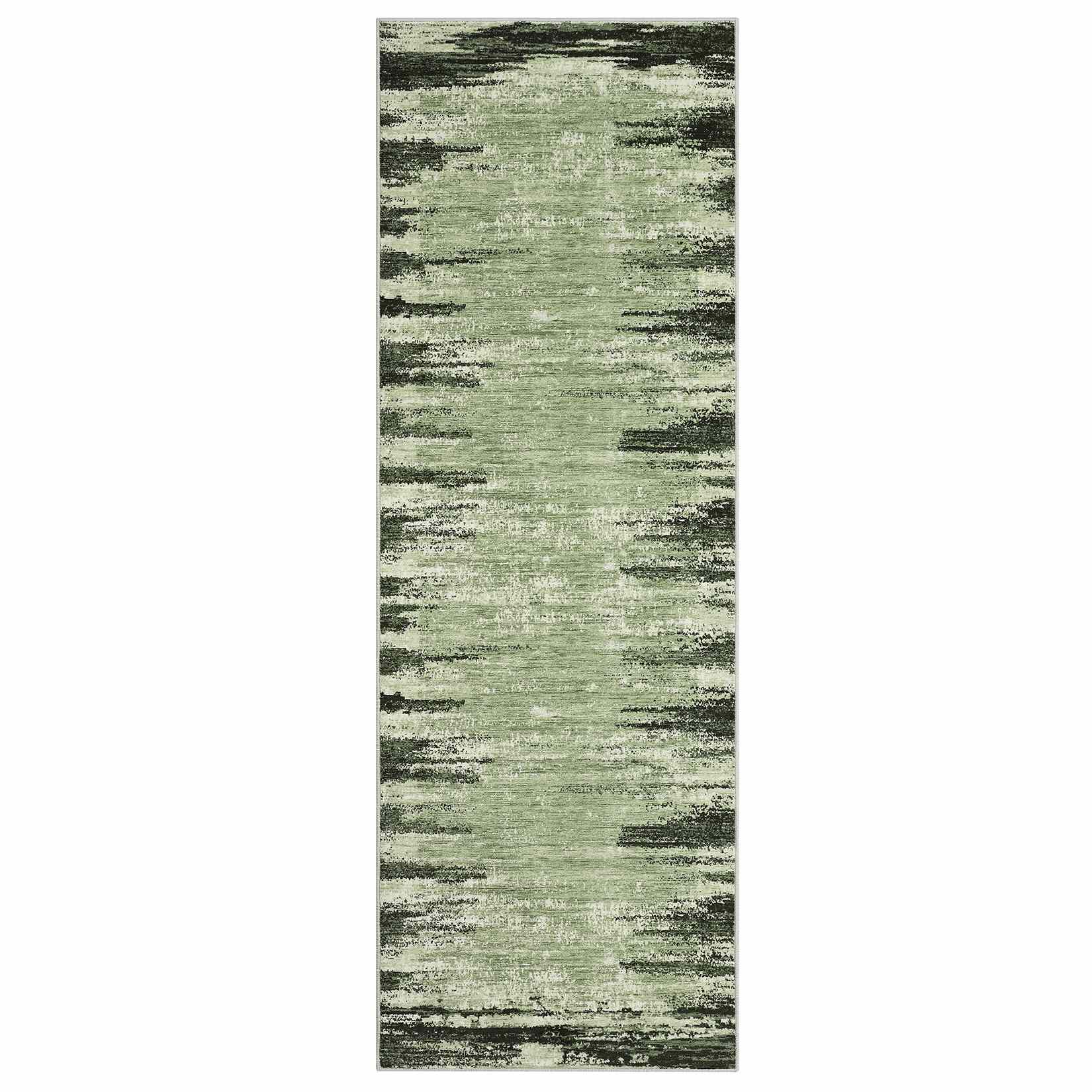 Qeetex LSN-PHK-33DVNPJK 2 x 6 ft Polyester Pearl Velvet Green Rectangular Hallway Bathroom Entryway Kitchen Office Foldable Abstract Printed Modern Washable Area Rug