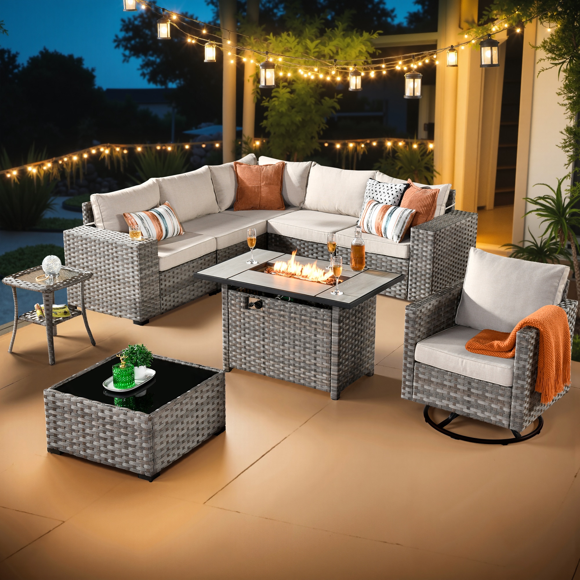 XIZZI XIBBR604-RC1CFP Caerus 9 -Piece Rattan Patio Sofa Conversation Set with Off-white Cushions