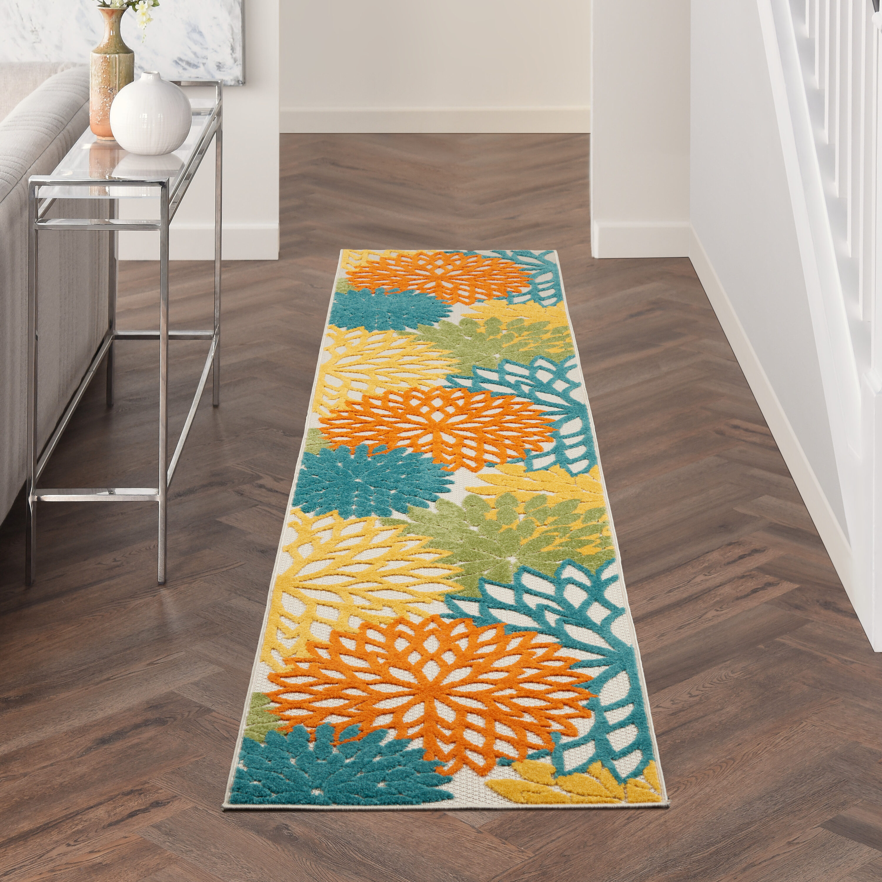 Nourison 099446827111 Aloha 2 x 10 (ft) Loomed Polypropylene Turquoise Multicolor Rectangular Indoor/Outdoor Floral/Botanical Tropical Runner rug